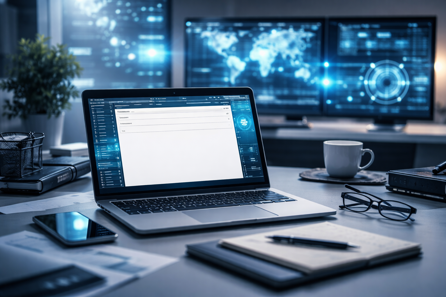 Mesa de trabajo con laptop, teléfono móvil, gafas, libretas, bolígrafo, taza y computadora con pantallas de datos y mapas en un entorno de oficina moderna