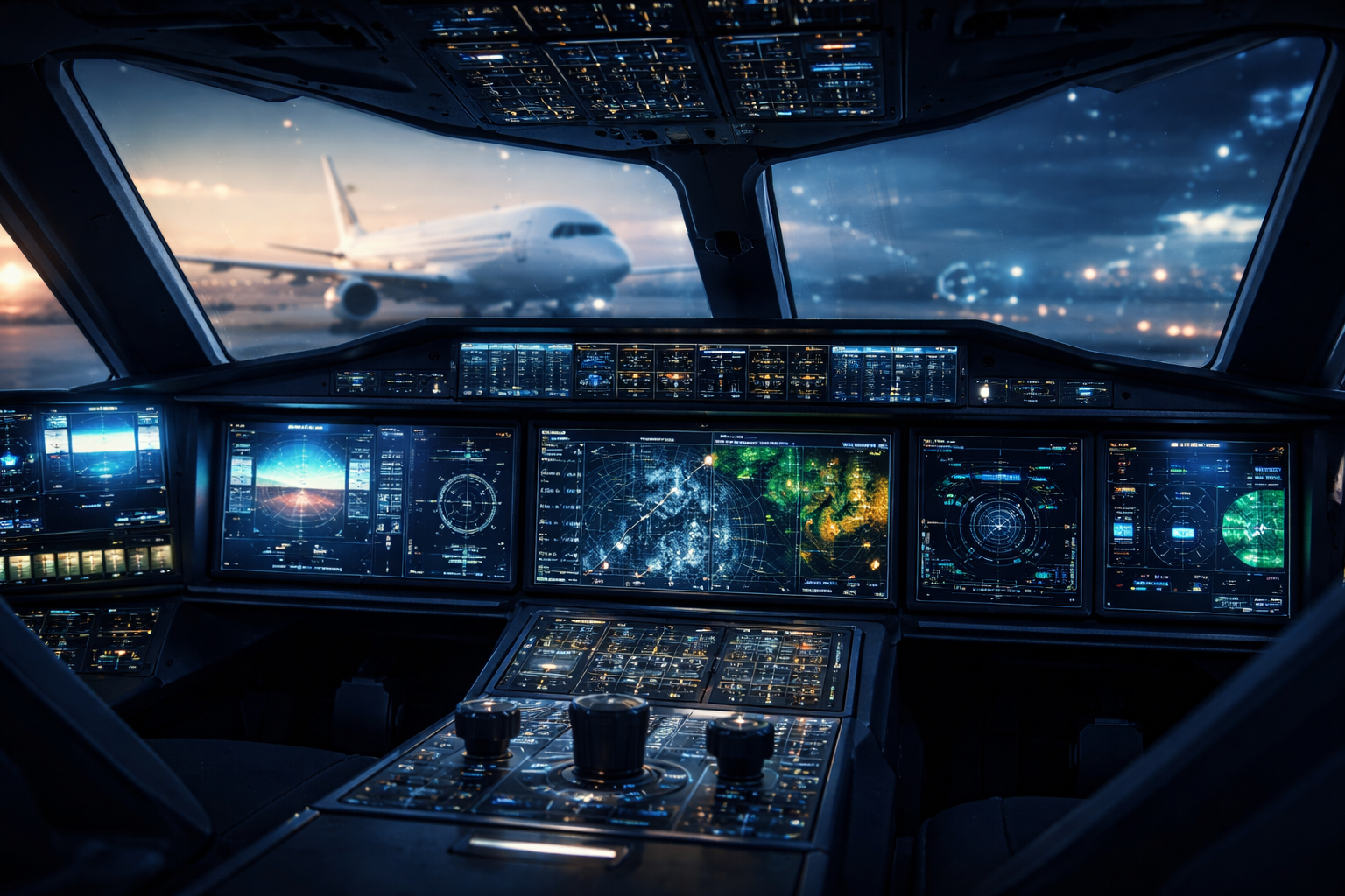 Interior de la cabina del piloto de un avión con múltiples pantallas digitales y controles, con un avión en pista y el cielo al atardecer visible a través del parabrisas.