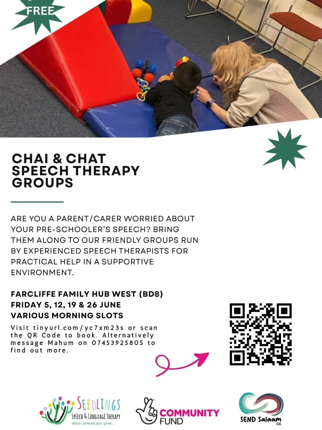 Speech Therapy Groups at the Farcliffe Family Hub are back on!

Join us and @seedlingsslt from Friday, 5th June at 10/11am hourly slots.

Booking details on the poster.

Kindly funded by the @tnlcommunityfund

#speechtherapygroups