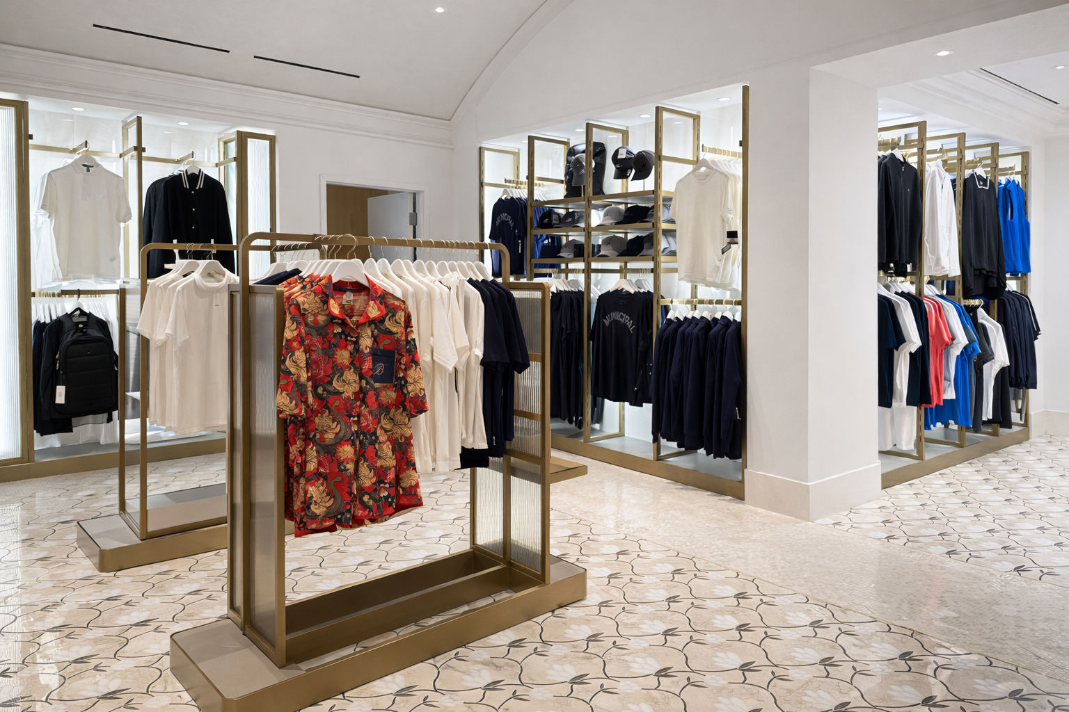 Brass and flutted glass custom retail display fixtures