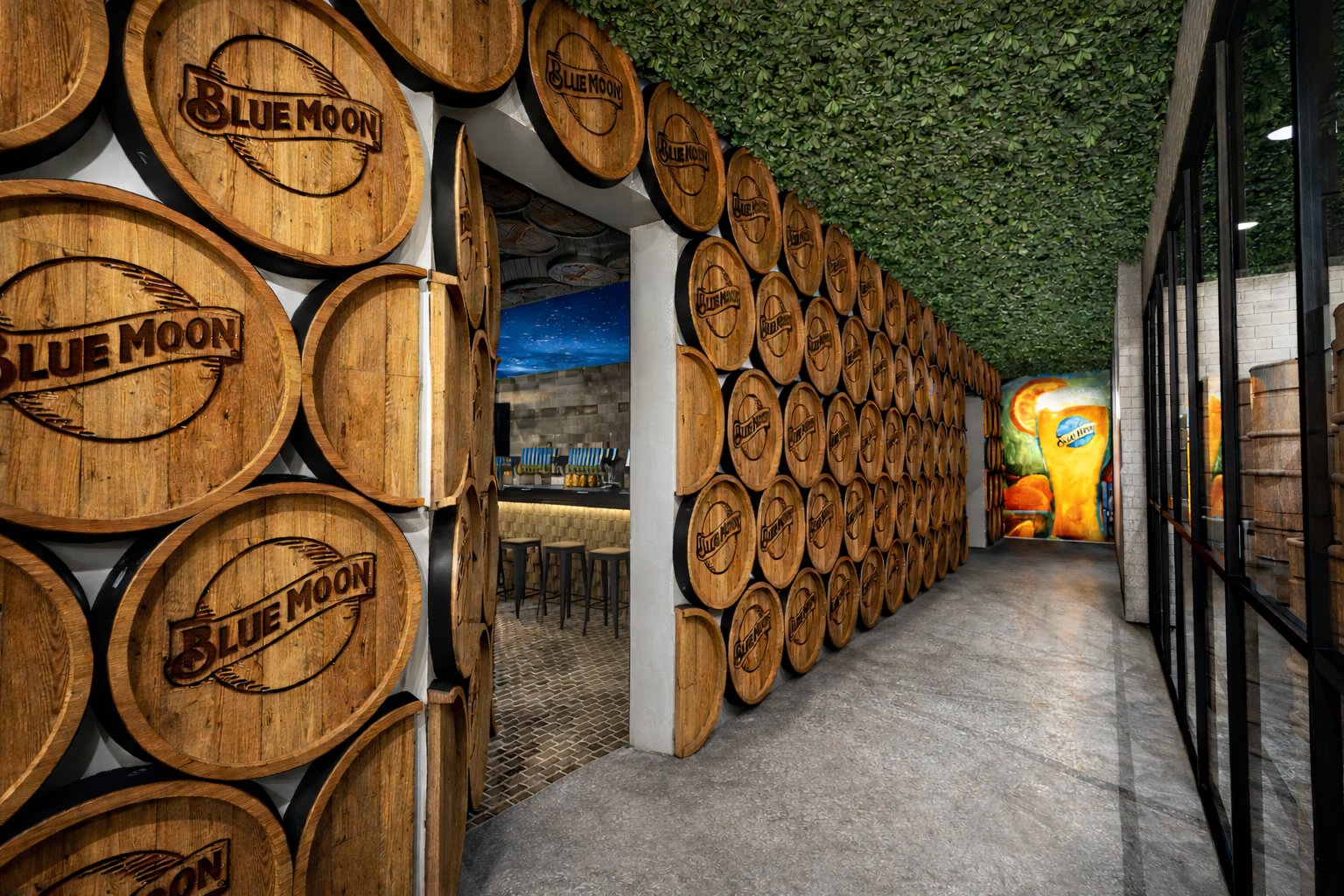 Concpet rendering of a tap house corridor with a hidden entrance for a major beverage brand