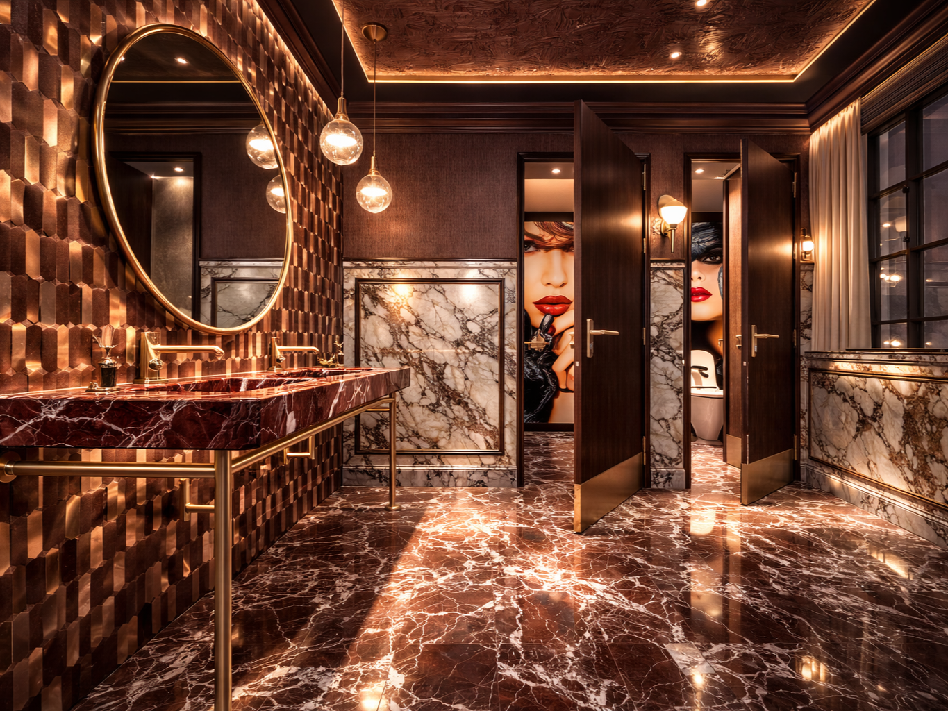 A dramatic red marble restroom