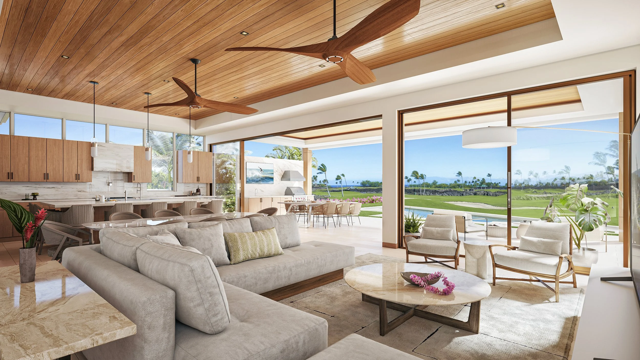 A warm, neutral color palette in a contemporary Hawaian home design