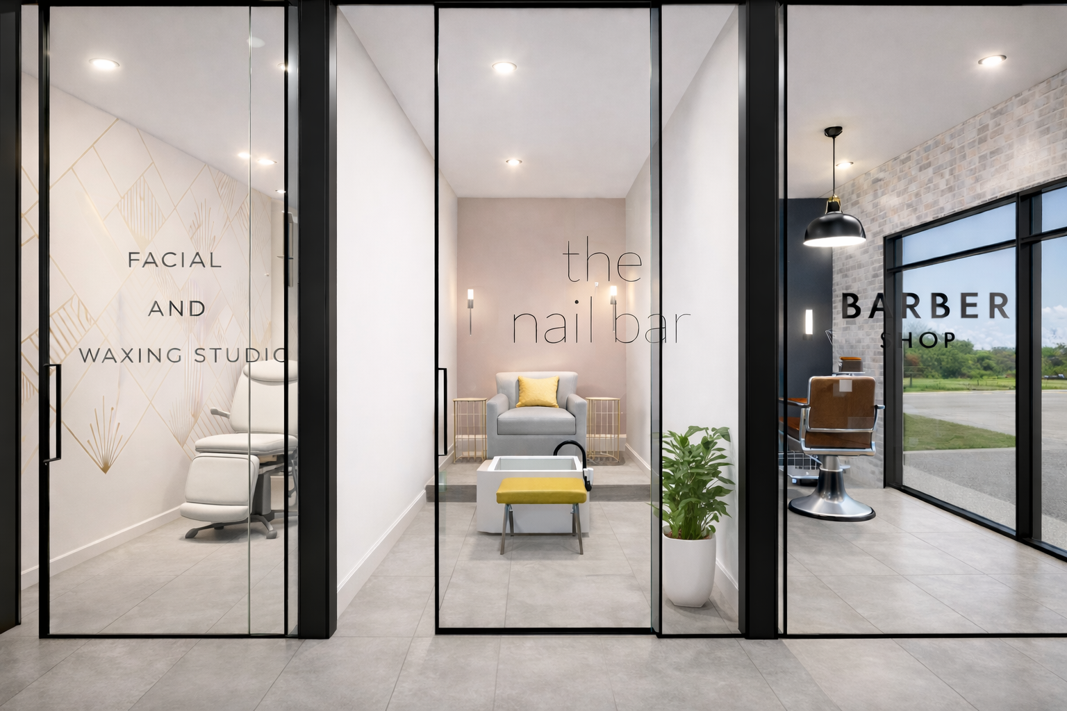 Distinct areas for beauty and welness services at a corporate welness center.