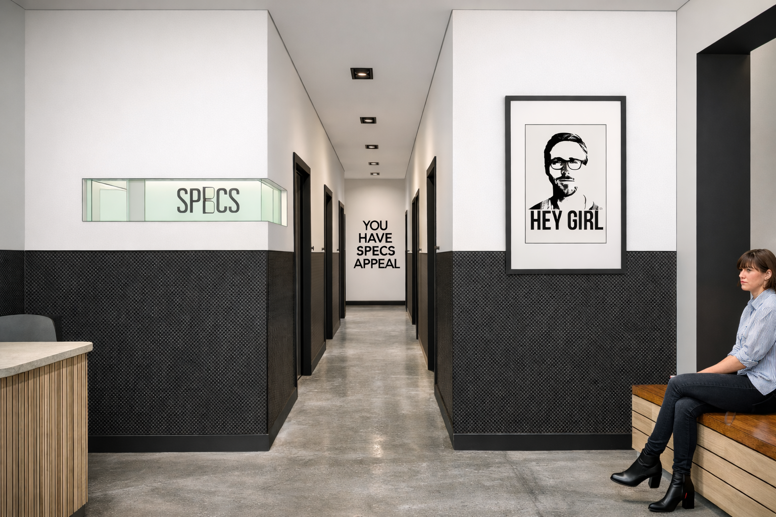 Concept rendering for a minimalistic, modern optomtrist office.