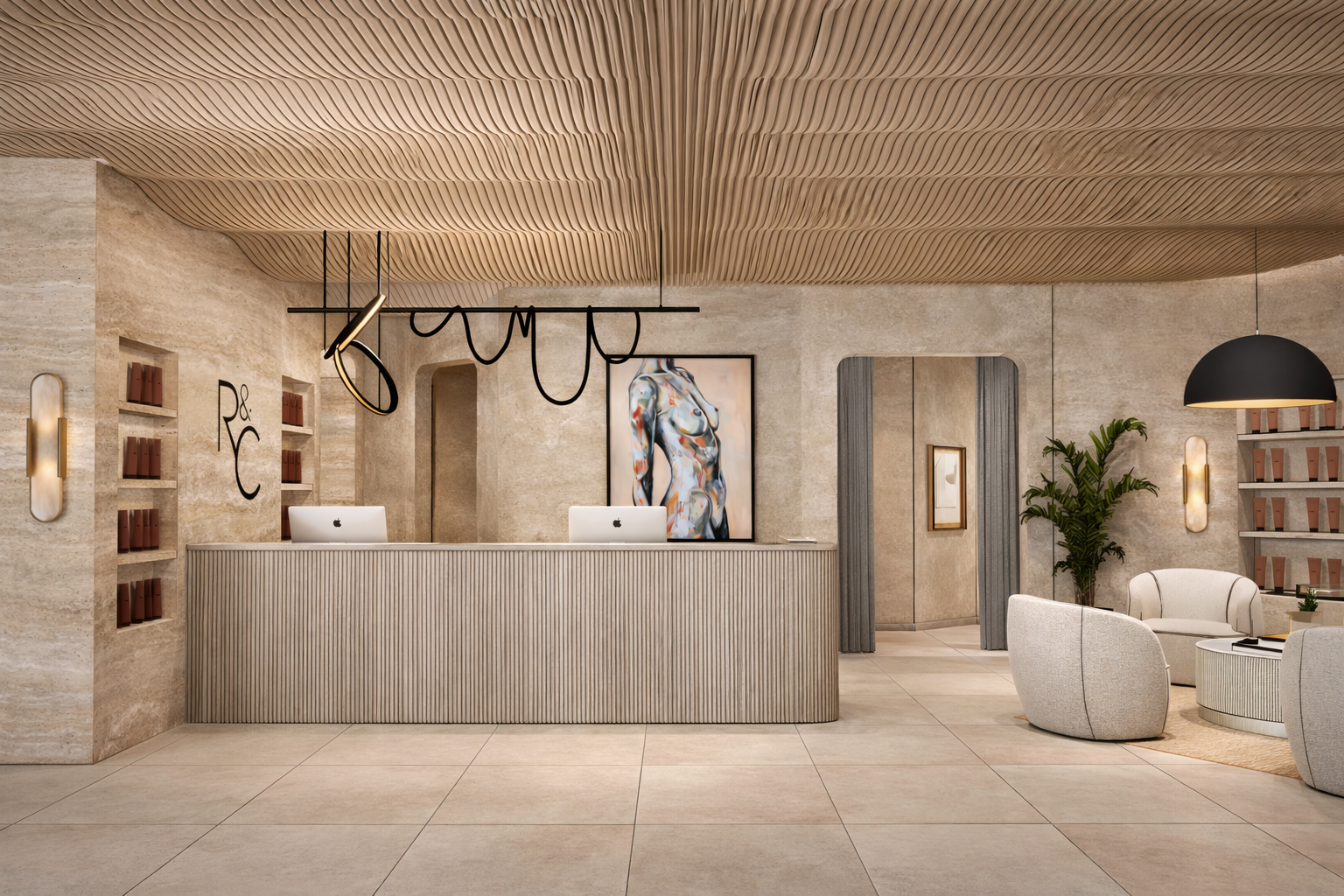 A sleek, hospitality inspired reception area of a plastic surgeon's office with a parametric ceiling.