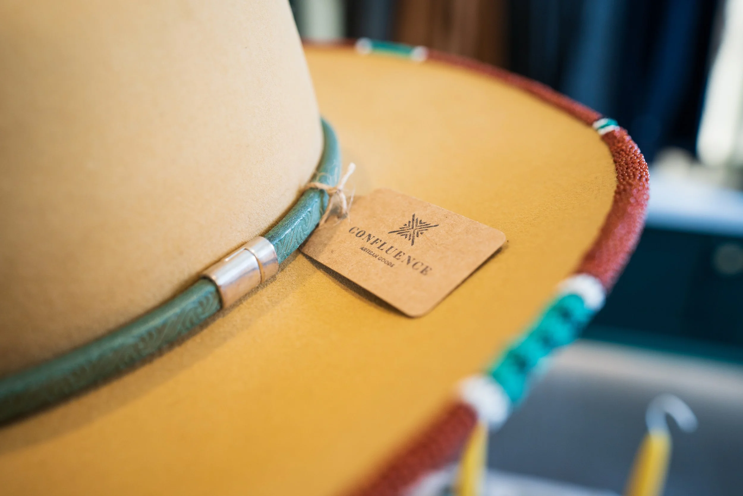 Branded merchandise tags on a trendy hat