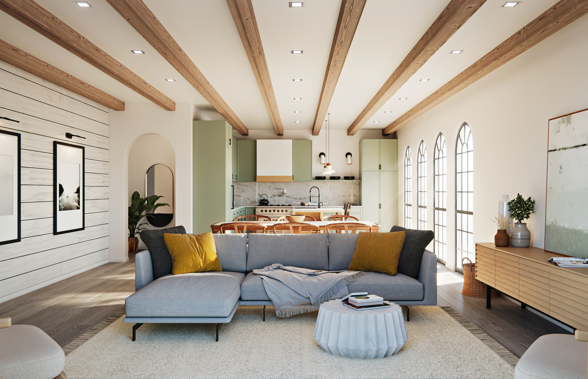 A conemporary living room and kitchen