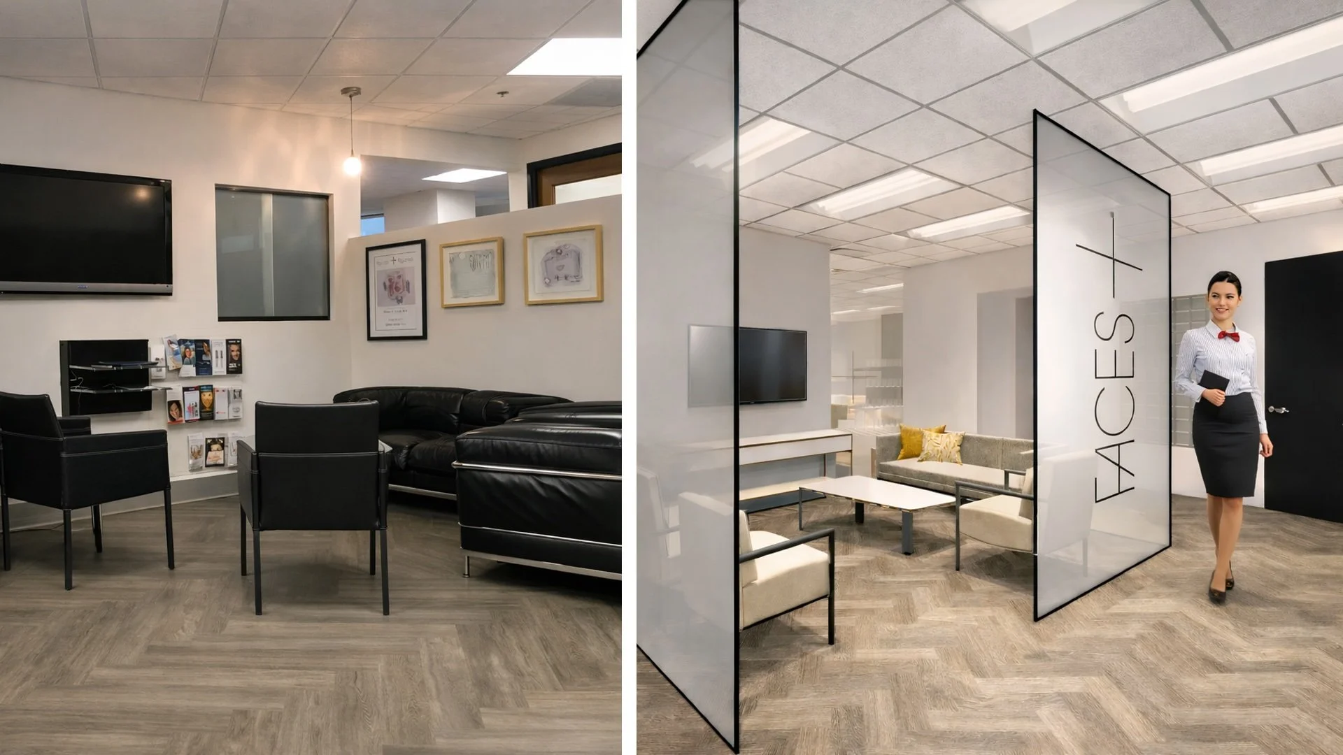 A before and after of the waiting area of a plastic surgeon's office.