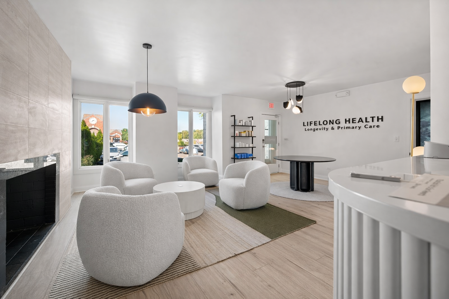 A hospitality inspired, monochromatic calm waiting area at a concierge medical clinic