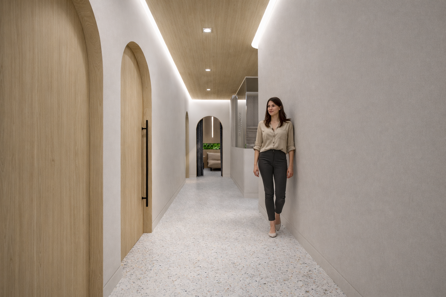 Common corridor with white oak arched doors and doorways in a contemporary MedSpa.
