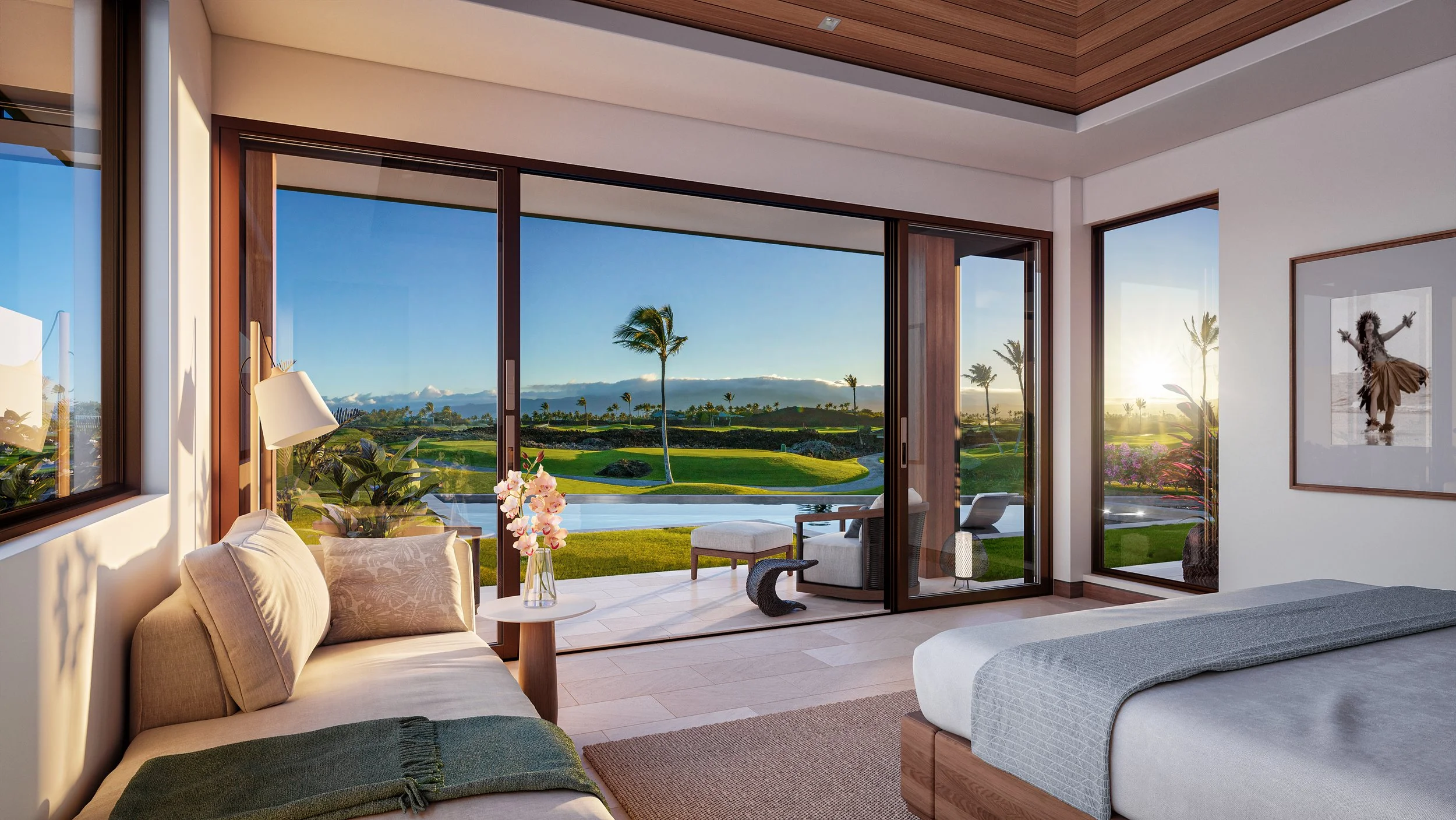 A bedroom with large floor-to-ceiling sliding glass doors opening to a lush golf course and water feature, with the sun setting in the background.
