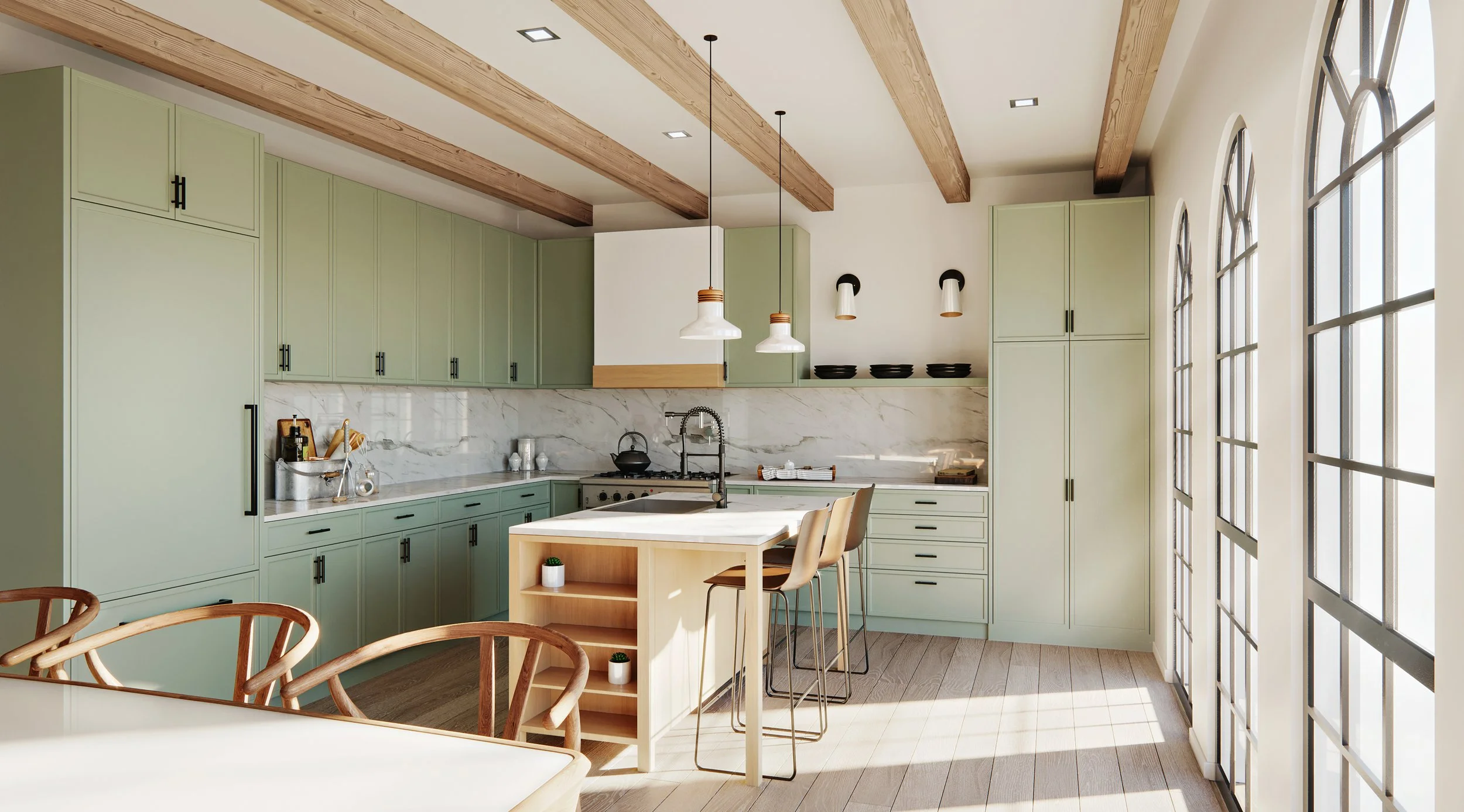 A sage green kitchen in a contemporary ADU in San Diego, California