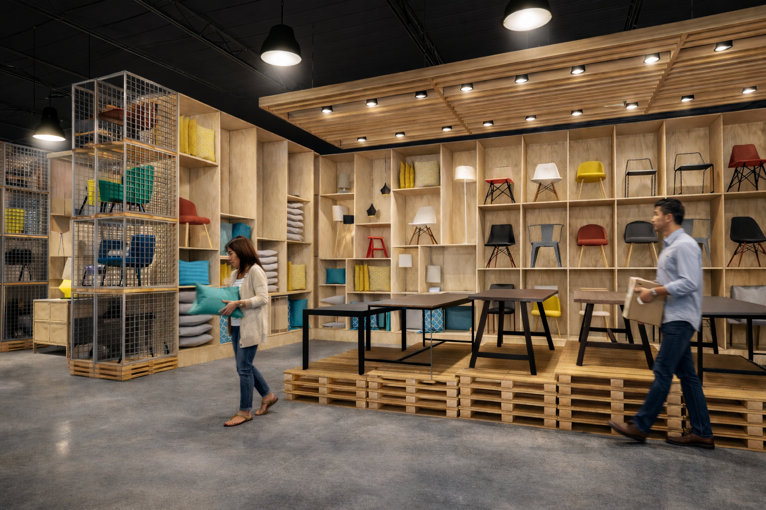 Retail displau of furniture at a reimagined big box retail store