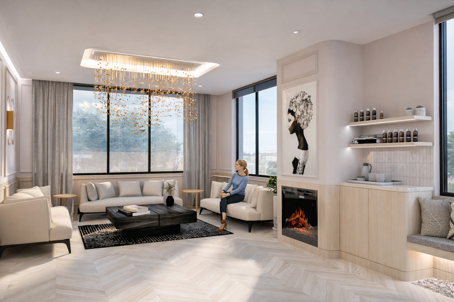 A concept rendering of a hospitality inspired waiting lounge at a healthcare office.