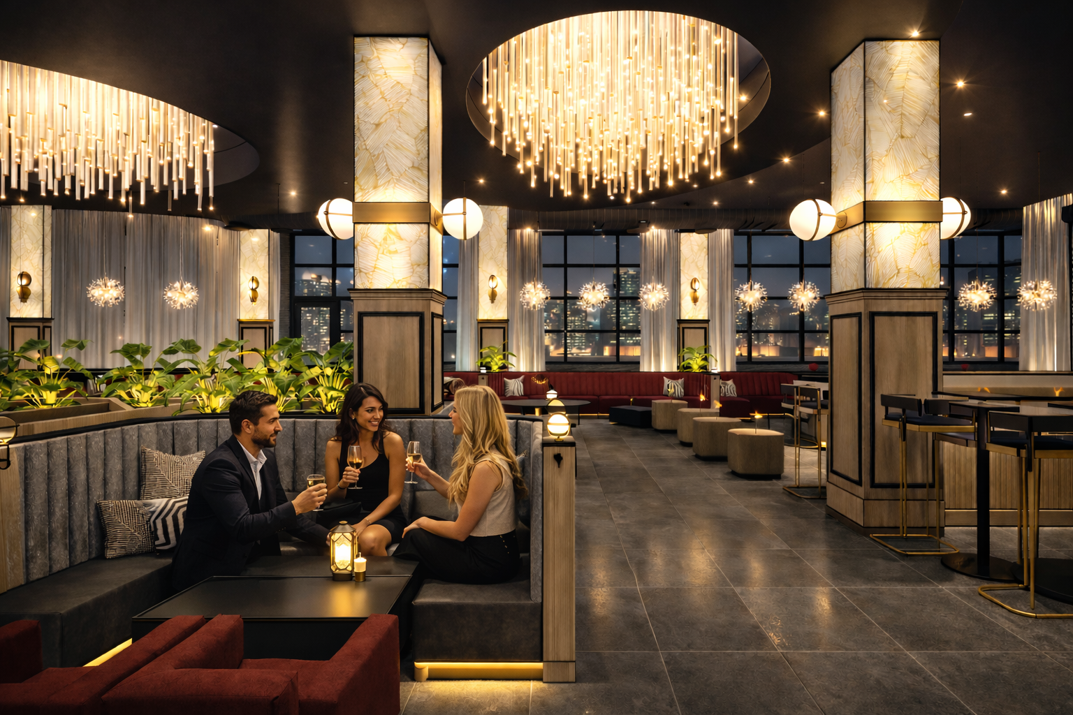 An sophisticated ultra lounge at night