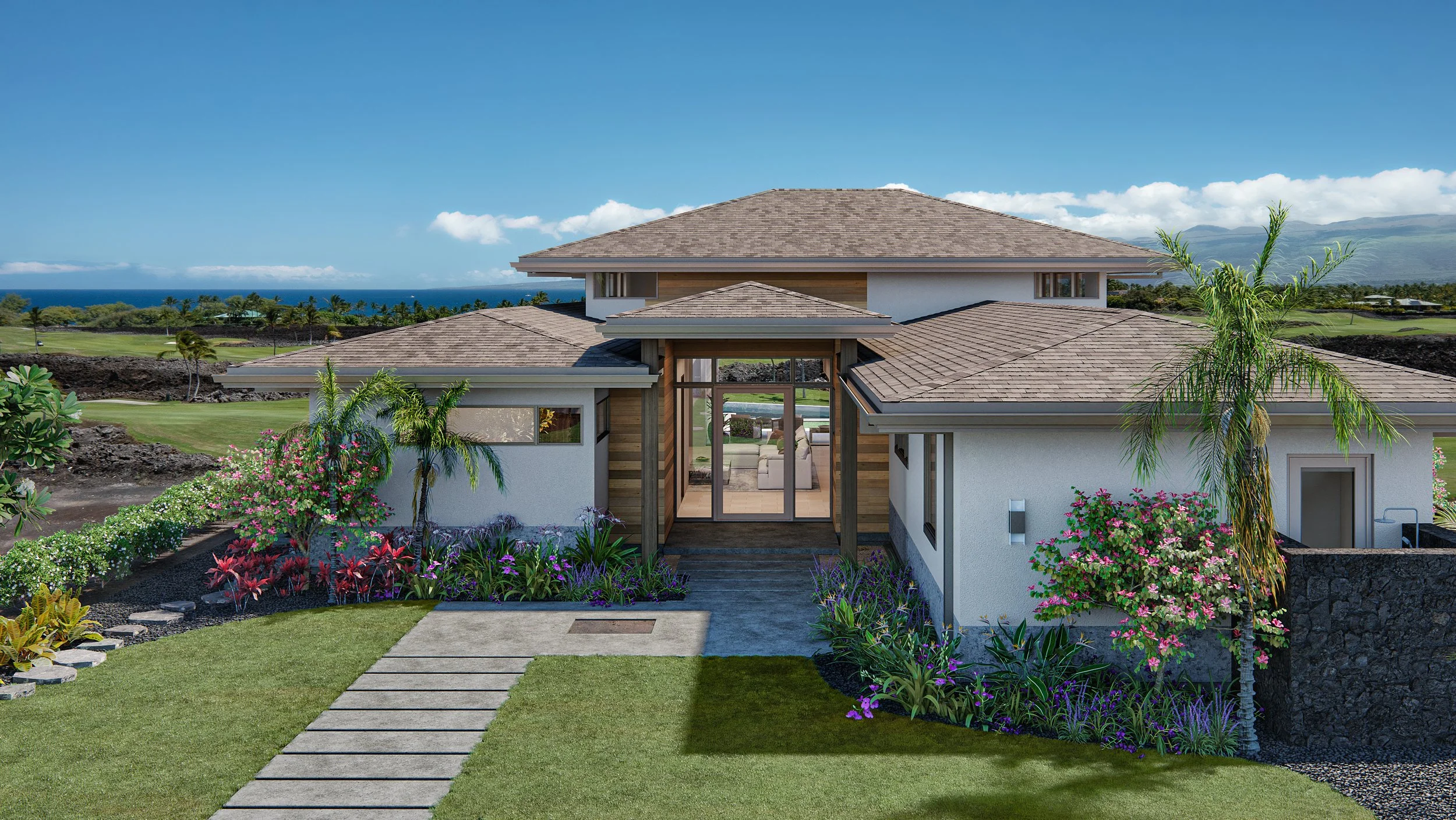 Modern house with a landscaped front yard, palm trees, and a view of the ocean and mountains in the background.