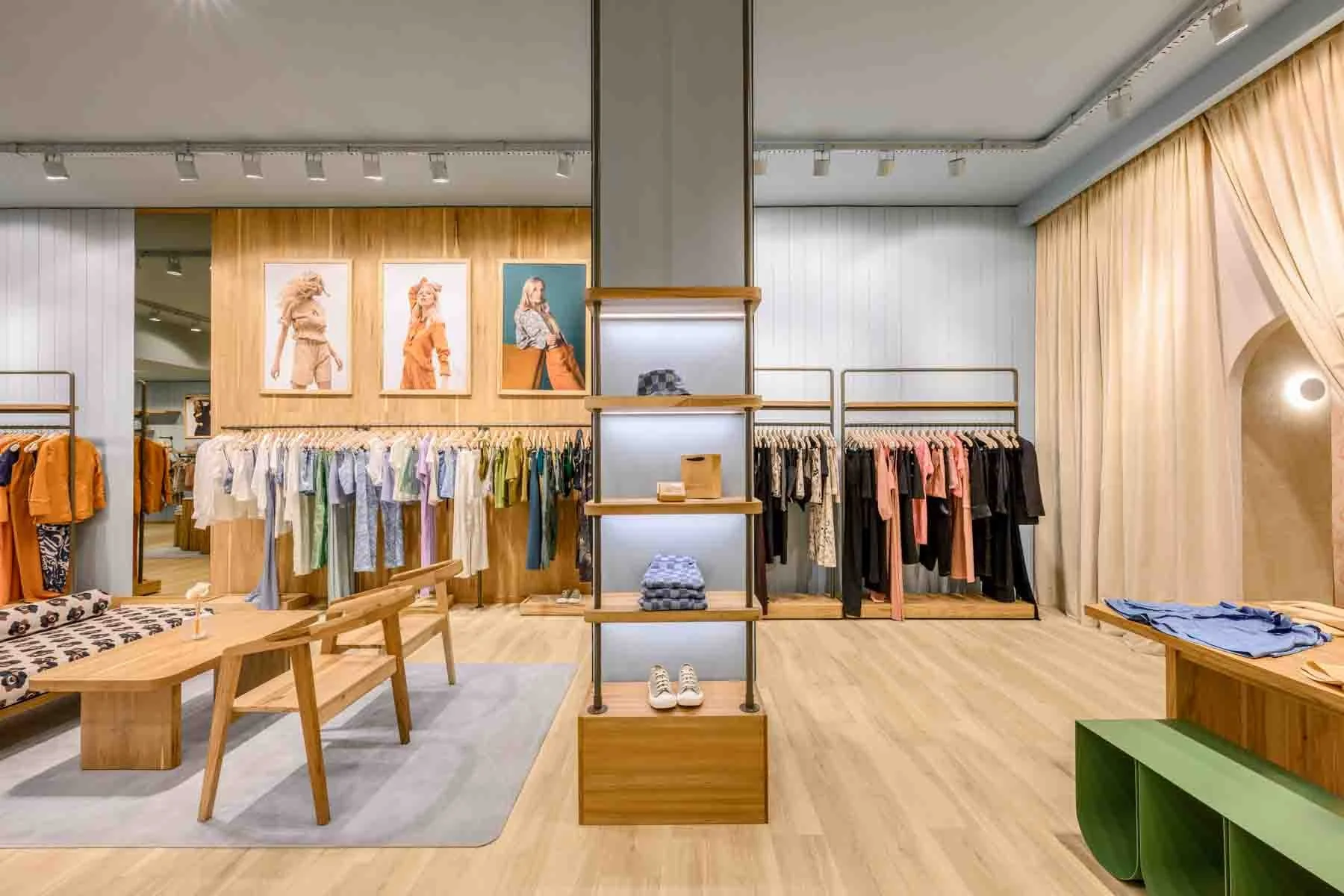 A warm, textured palette of natural materials in a trendy clothing boutique