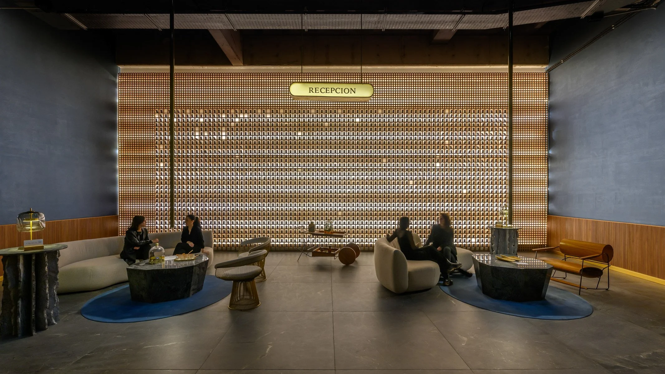 Cool, modern boutique hotel lobby.