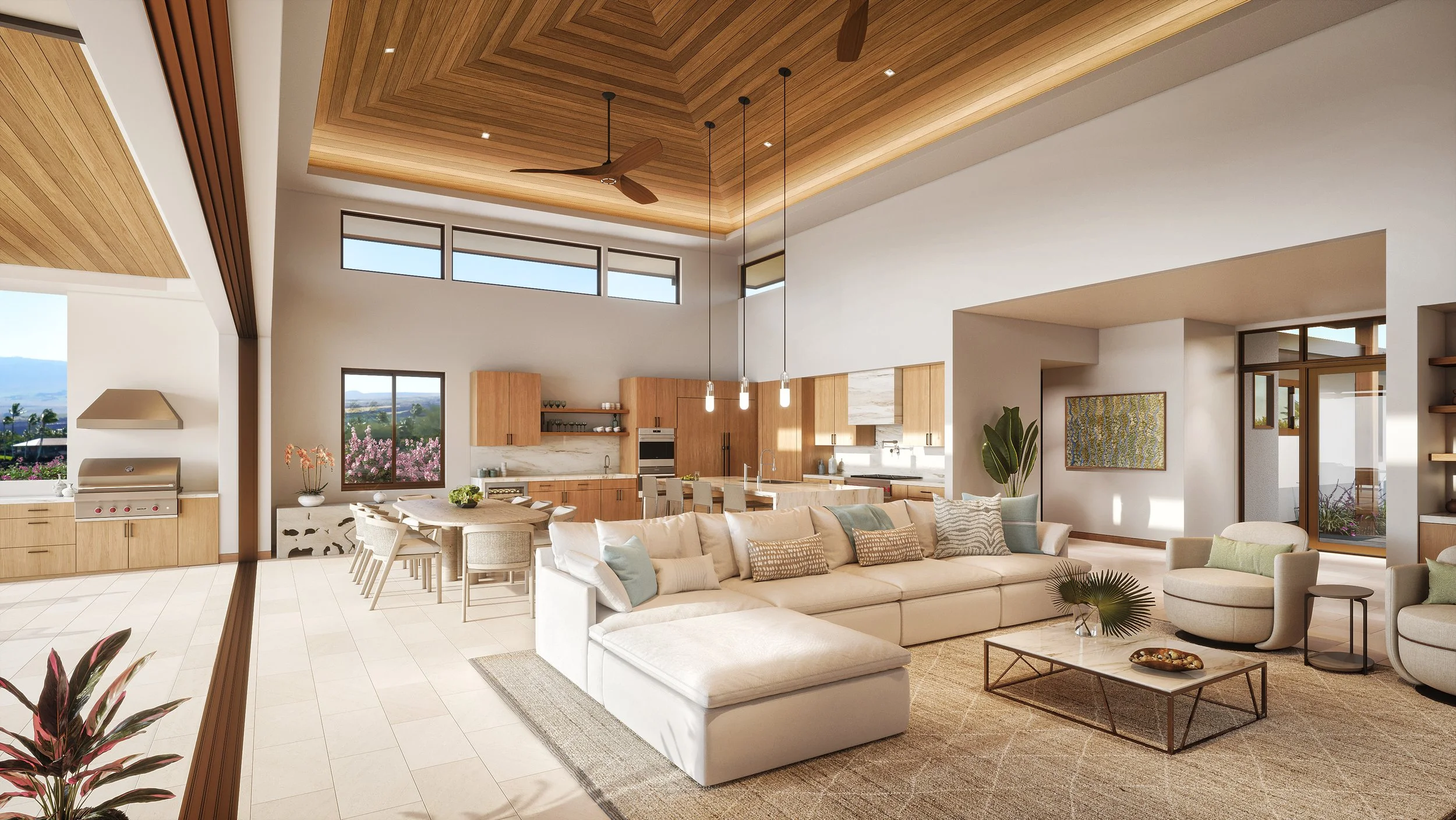 Open-concept living room and kitchen with high vaulted wood-paneled ceiling, white walls, and tiled floor. The space is furnished with a large white sectional sofa, armchairs, a coffee table, and a dining table with chairs. The kitchen features woode