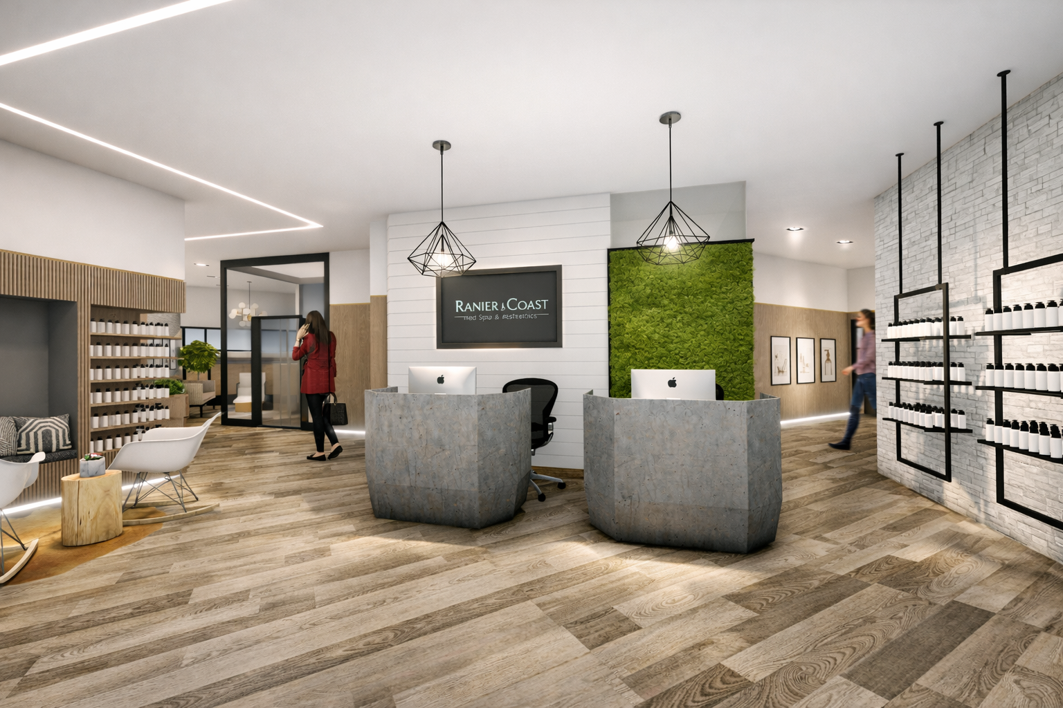 A concept rendering of the hospitality inspired reception area at a Med Spa in Southern California