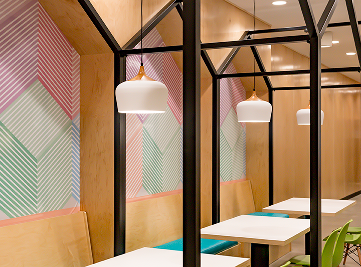 Detail shot of archtiectural gable and pendant lights.