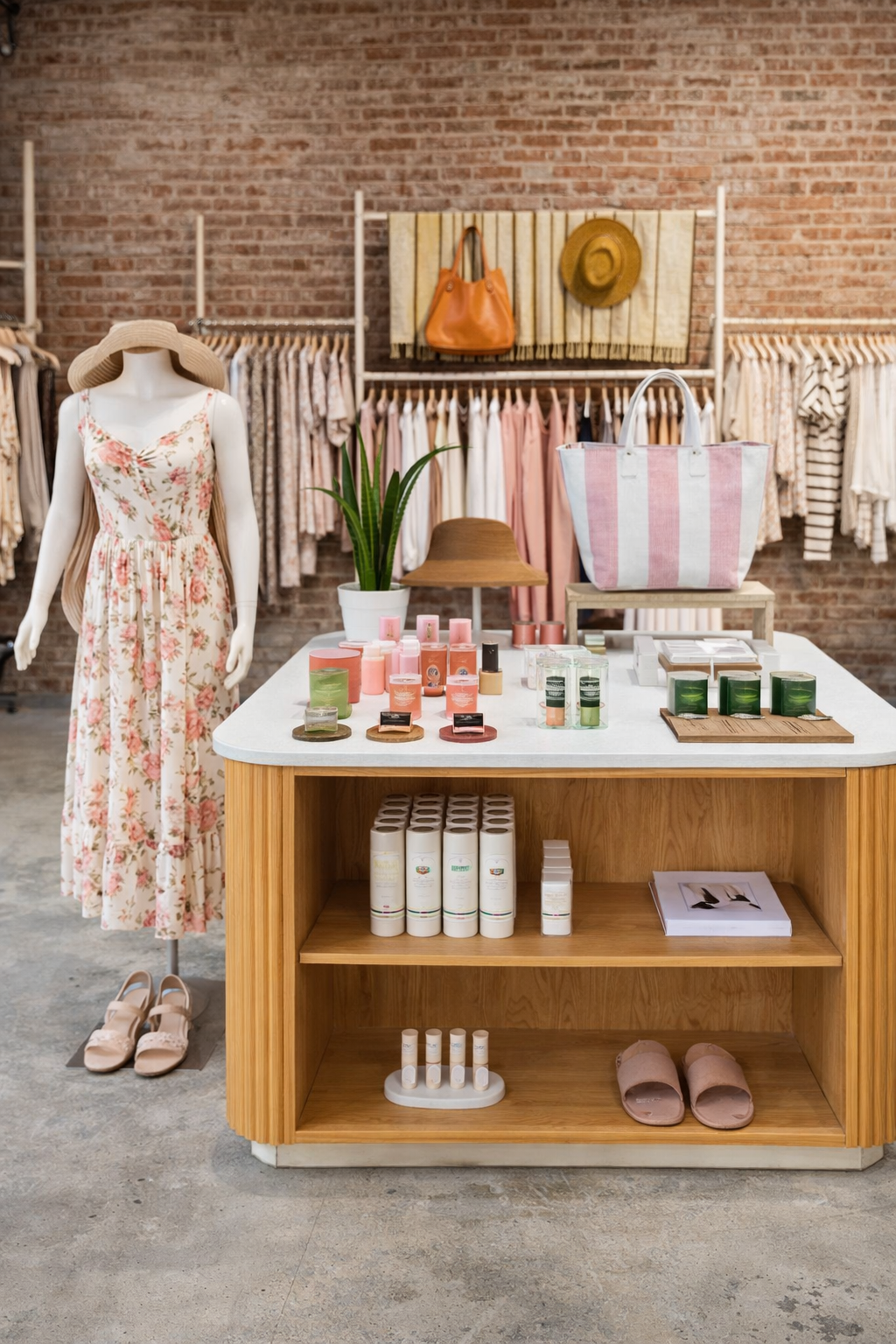 Custom white oak wood retail display fixtures.