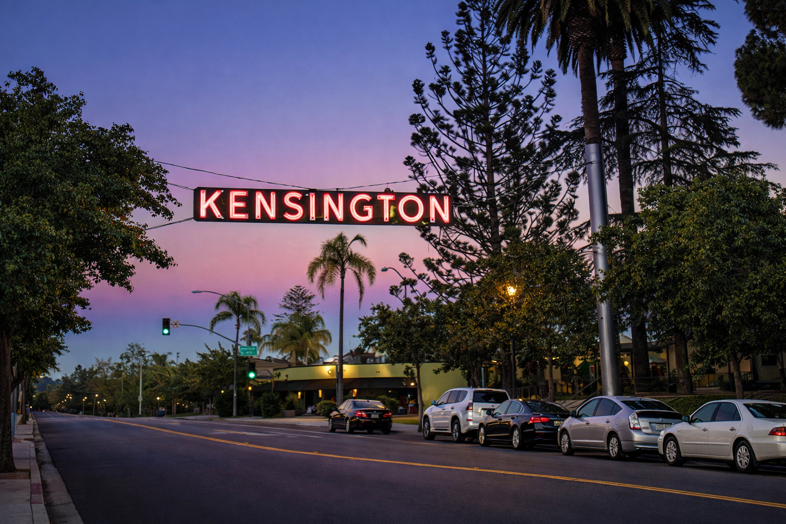 A photo of the Kensington neighborhood of San Diego, California at sunset