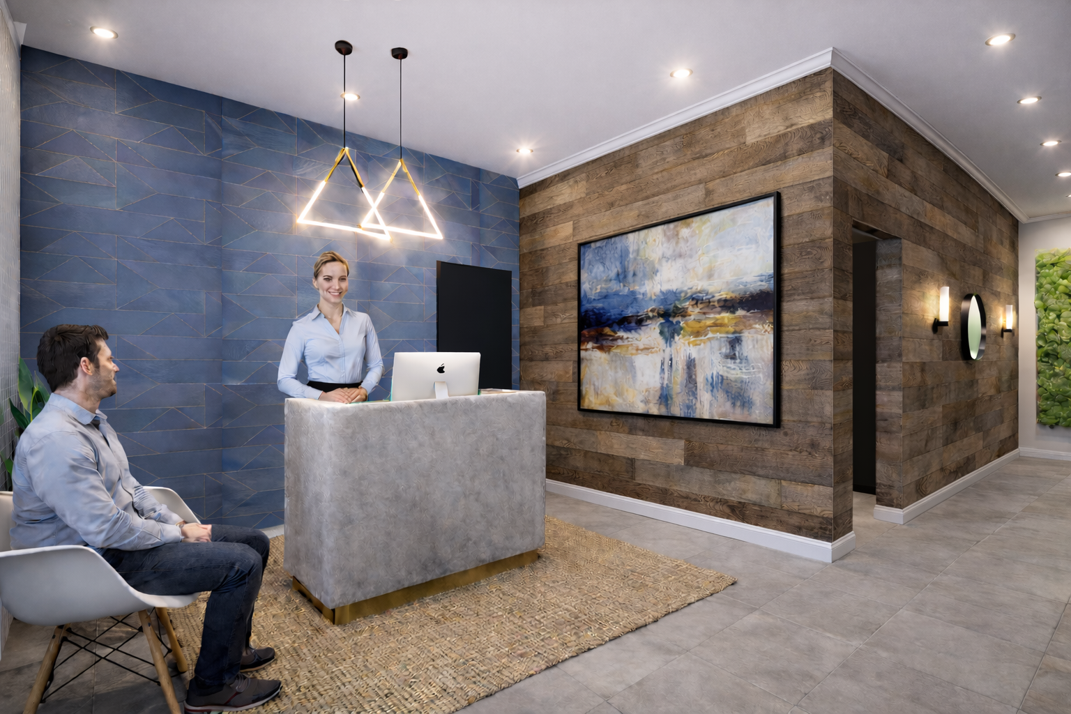 Hospitality inspired recpetion area of a corporate wellness center