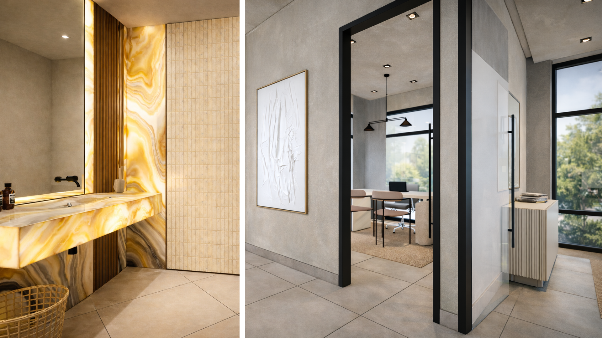 An onyx glowing wall and vanity and a contemporary office in a docotor's office