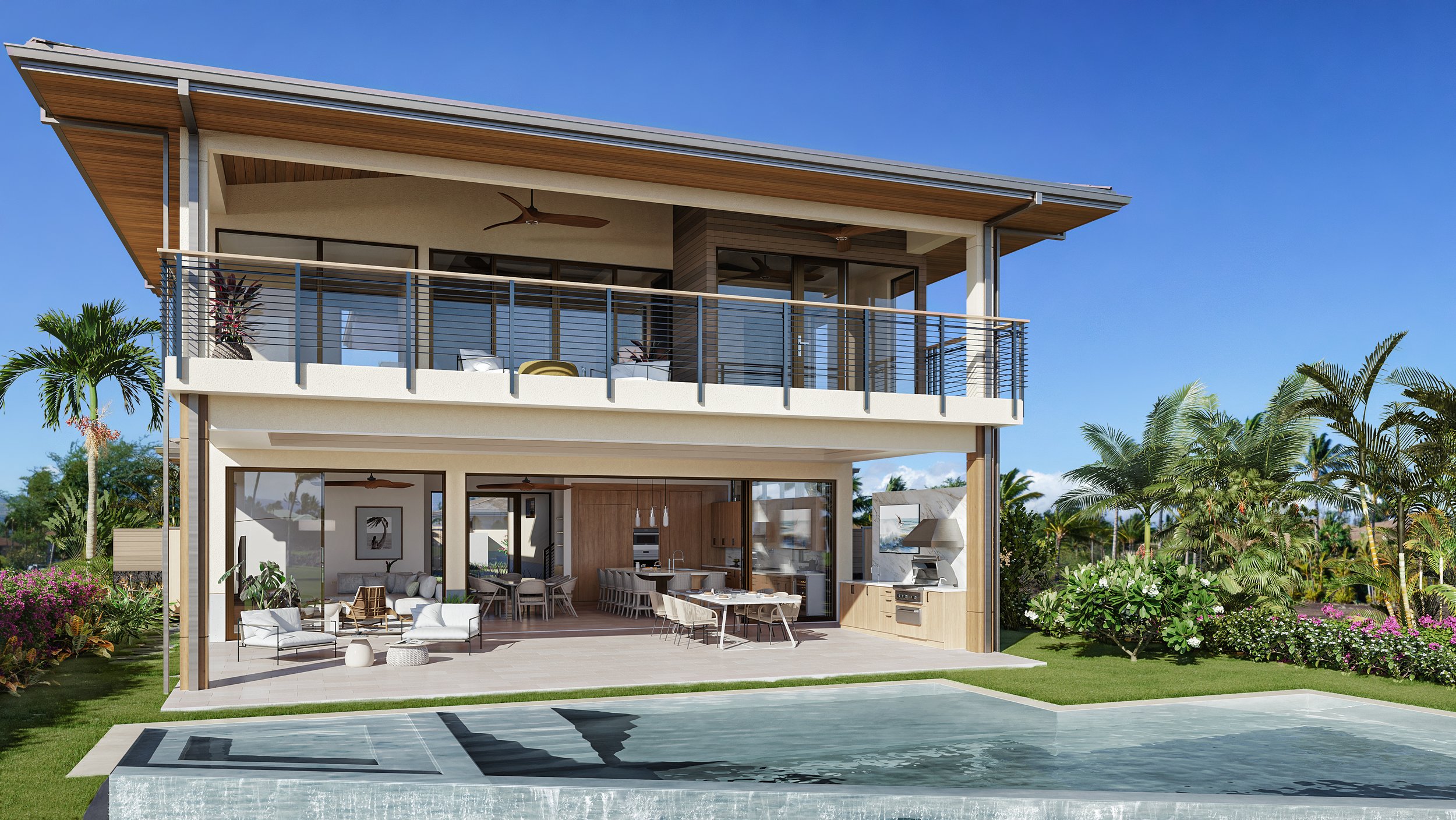 A 2-story modern Hawaian home with a pool