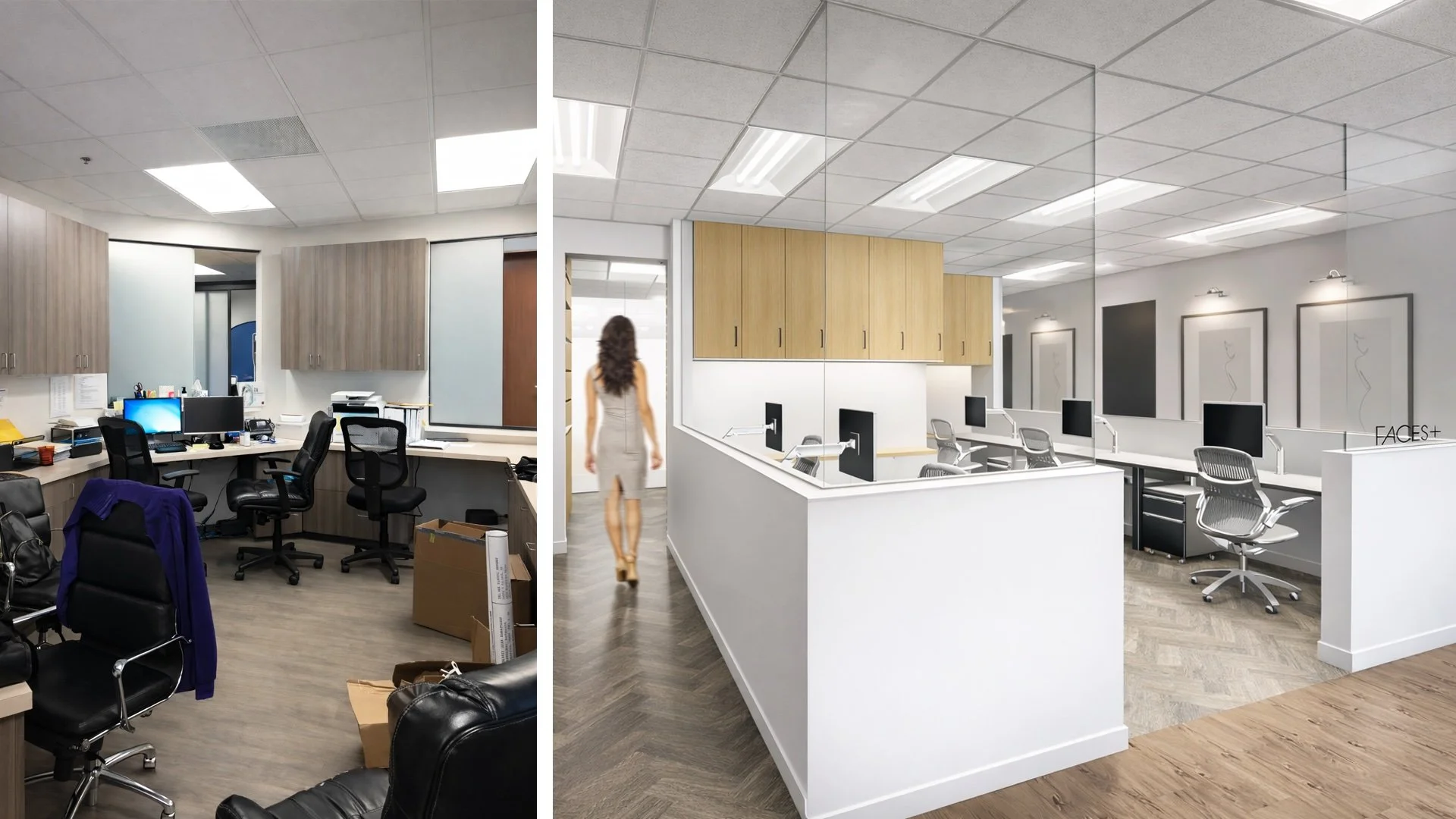 Before and after of a nurses station within a plastic surgeon's office.