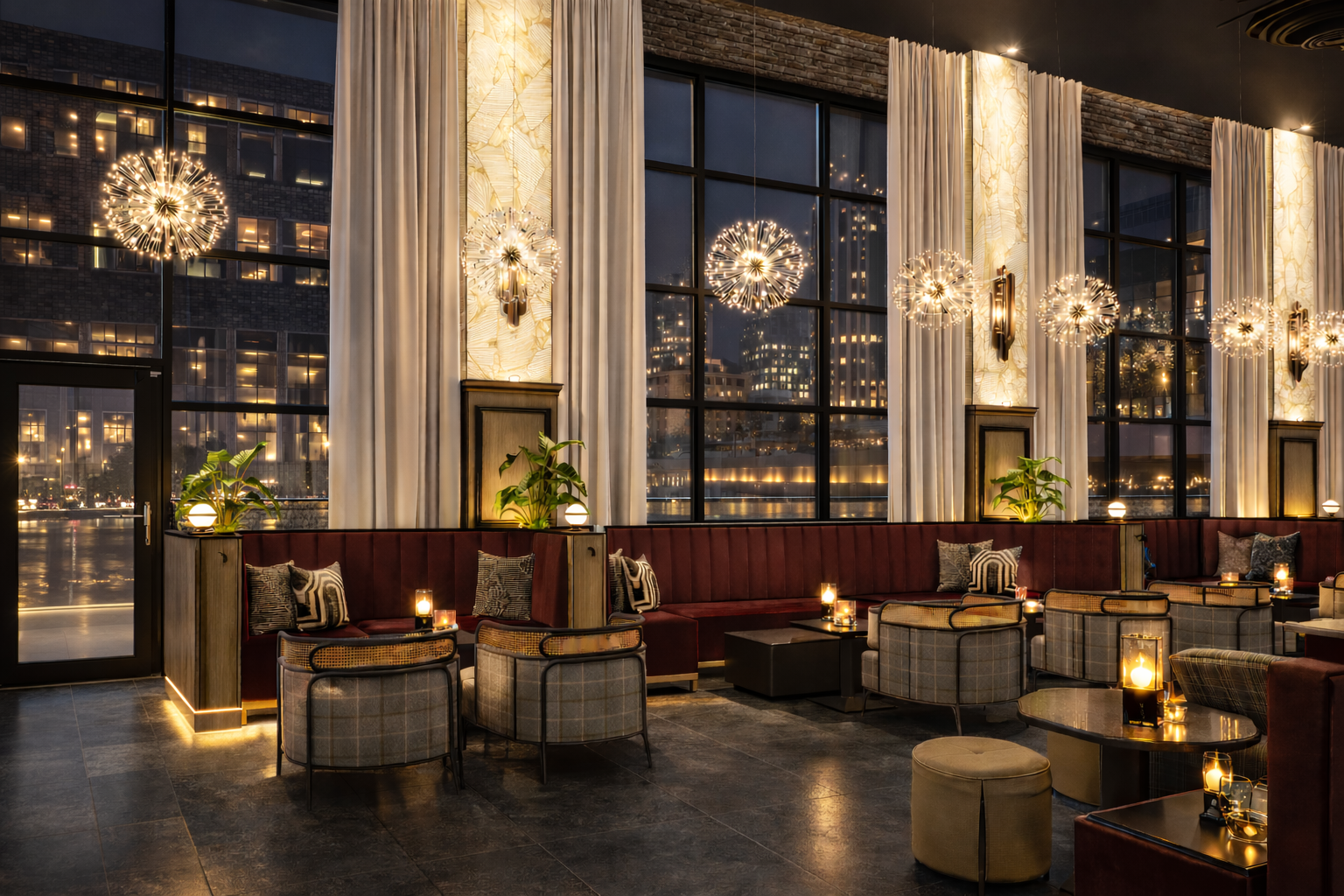 A sleek and sophisticated hospitality lounge at night