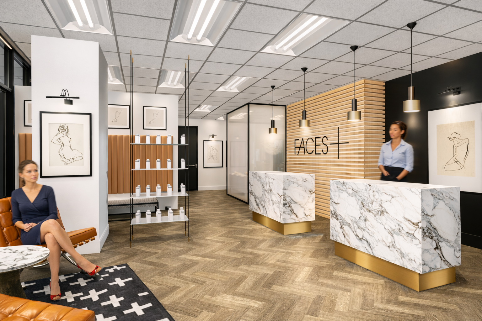 A concept rendering of a modern plastic surgeon's office.