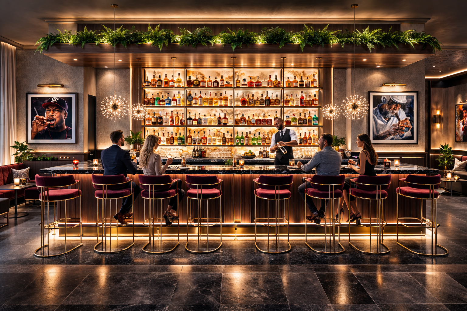 A dark and sophistcated bar design at a cigar bar and lounge