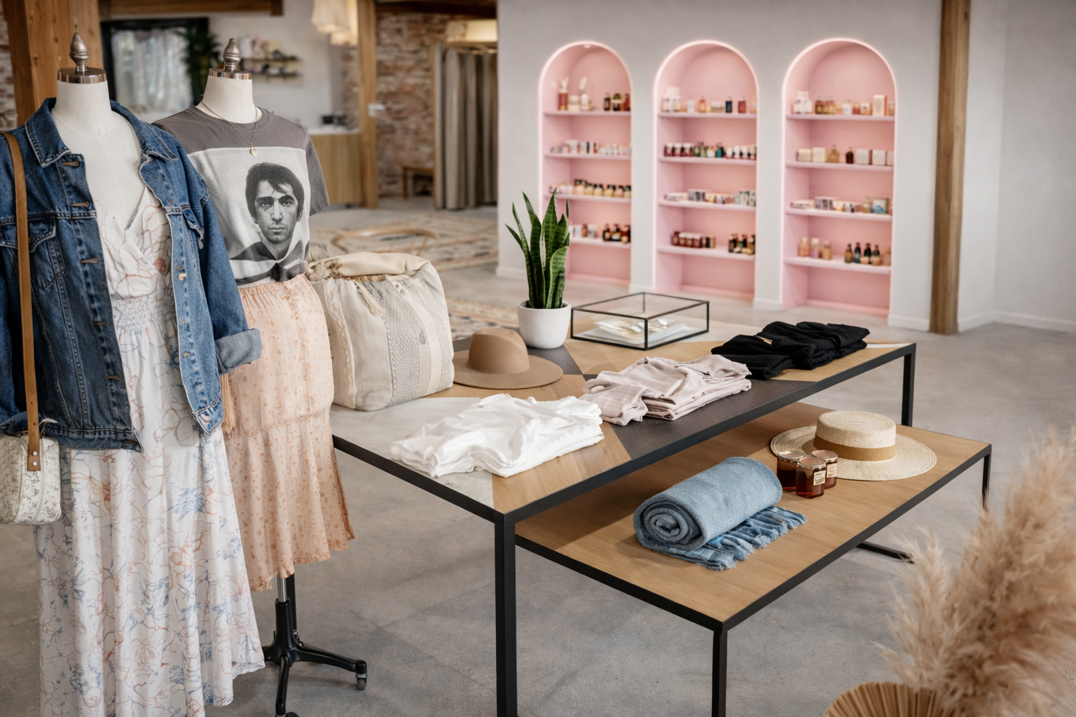 Custom nesting tables and recessed display alcoves.