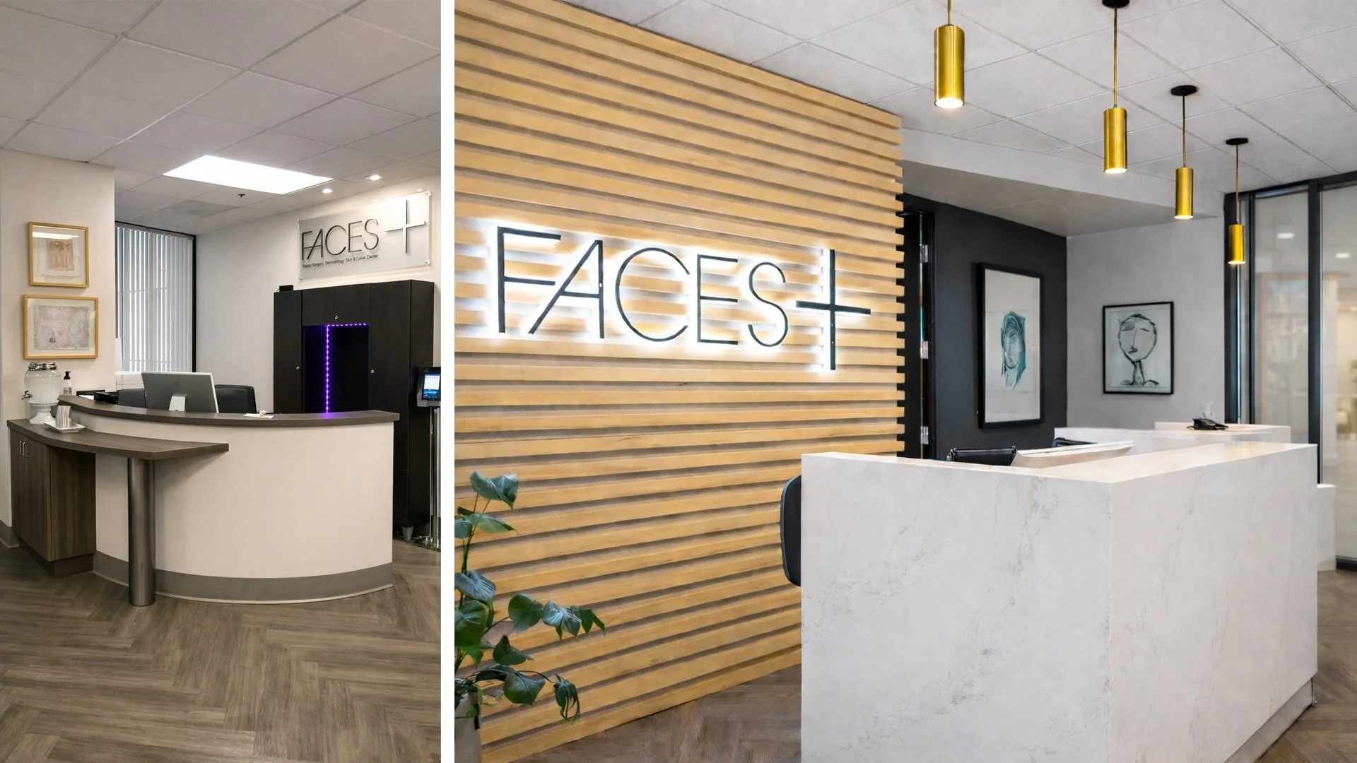 Before and after of the reception area of a plastic surgeon's office.