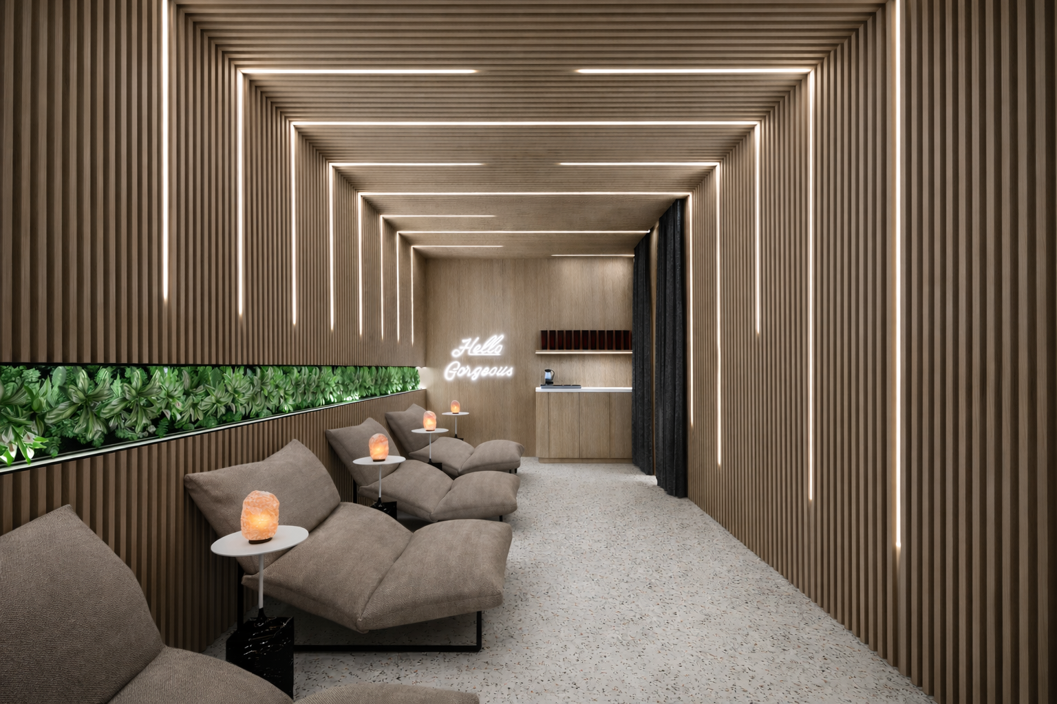 A tranquil salt cave with Asian inspired wooden louver walls and ceiling with biophilic elements