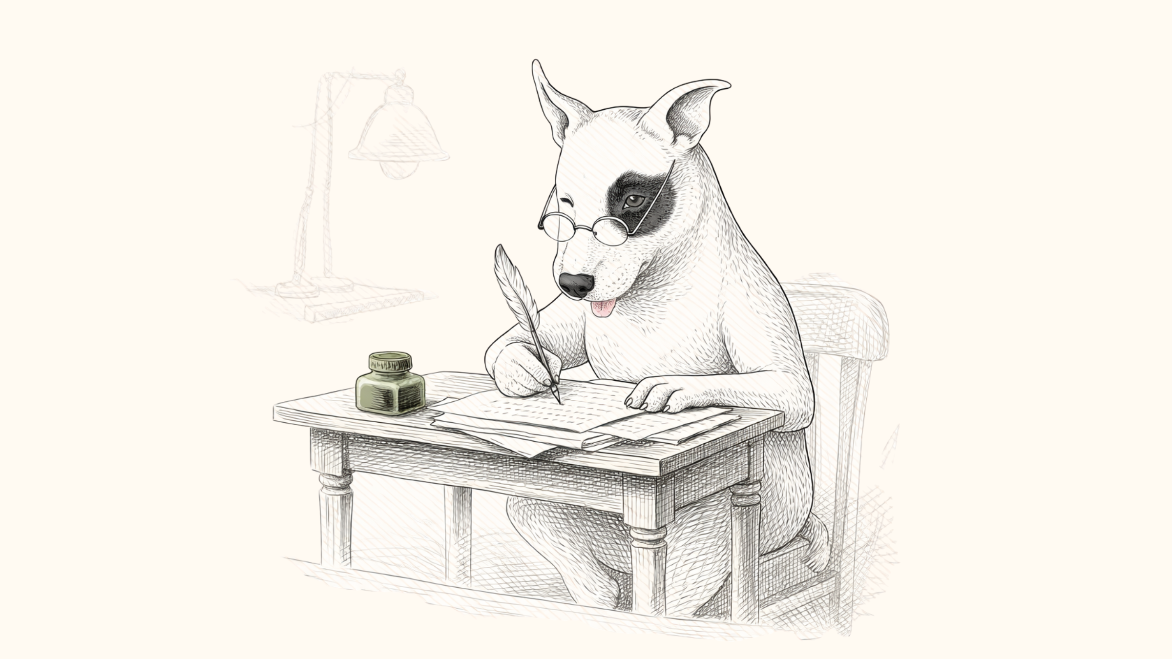 A drawing of a dog wearing reading glasses, sitting at a desk, writing on paper with an ink bottle nearby.