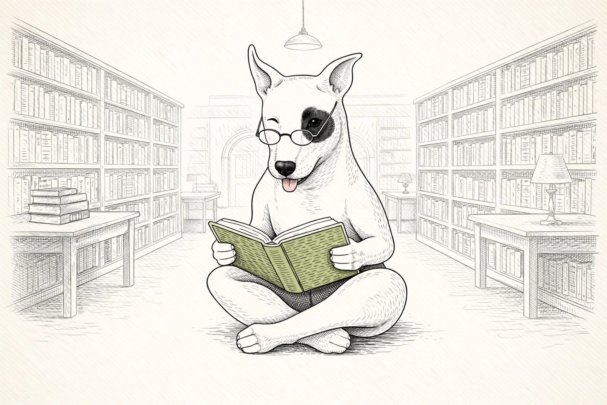 Drawing of a dog with glasses reading a book in a library.