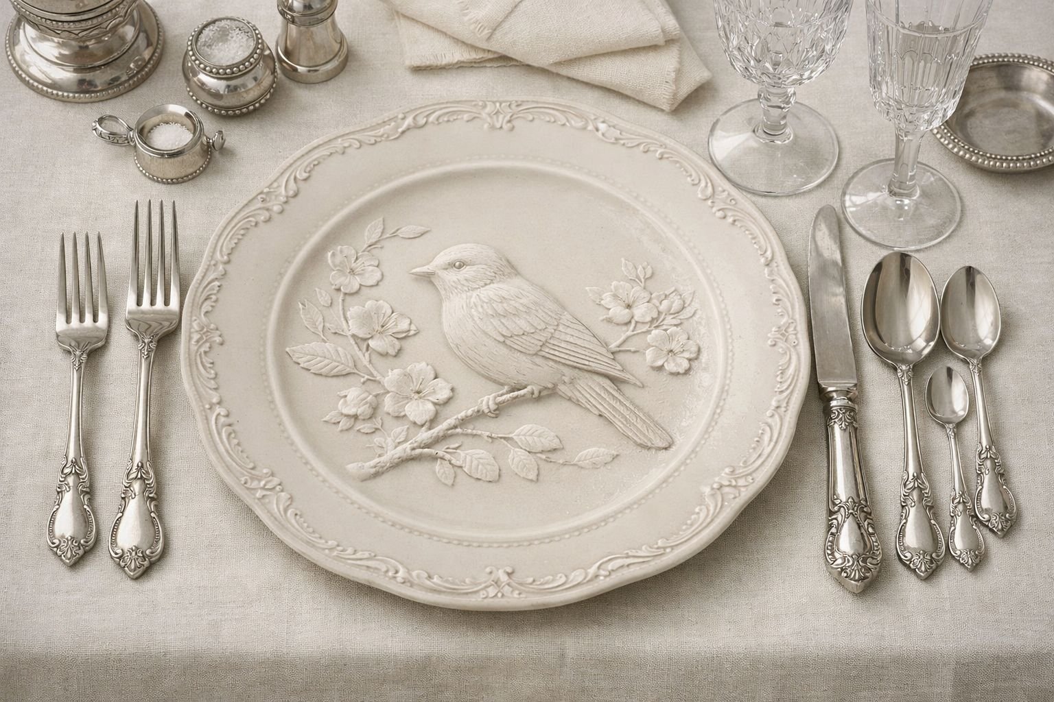 Elegant dining table setting with a decorative plate featuring a bird and flowers, silverware, crystal glasses, and small containers, all arranged on a light-colored tablecloth.
