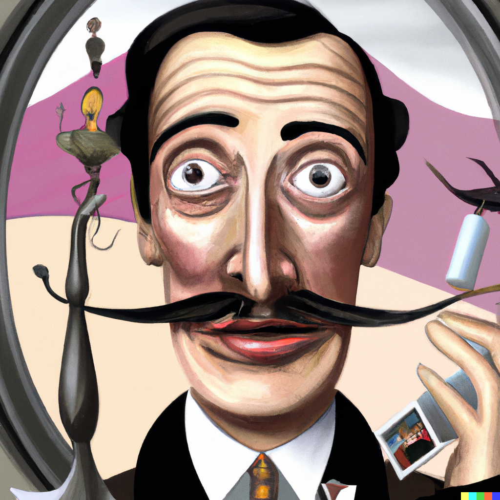 A caricatured portrait of Salvador Dali with exaggerated facial features with a whimsical background including a small airplane and a lamp, and a pink and purple sky.