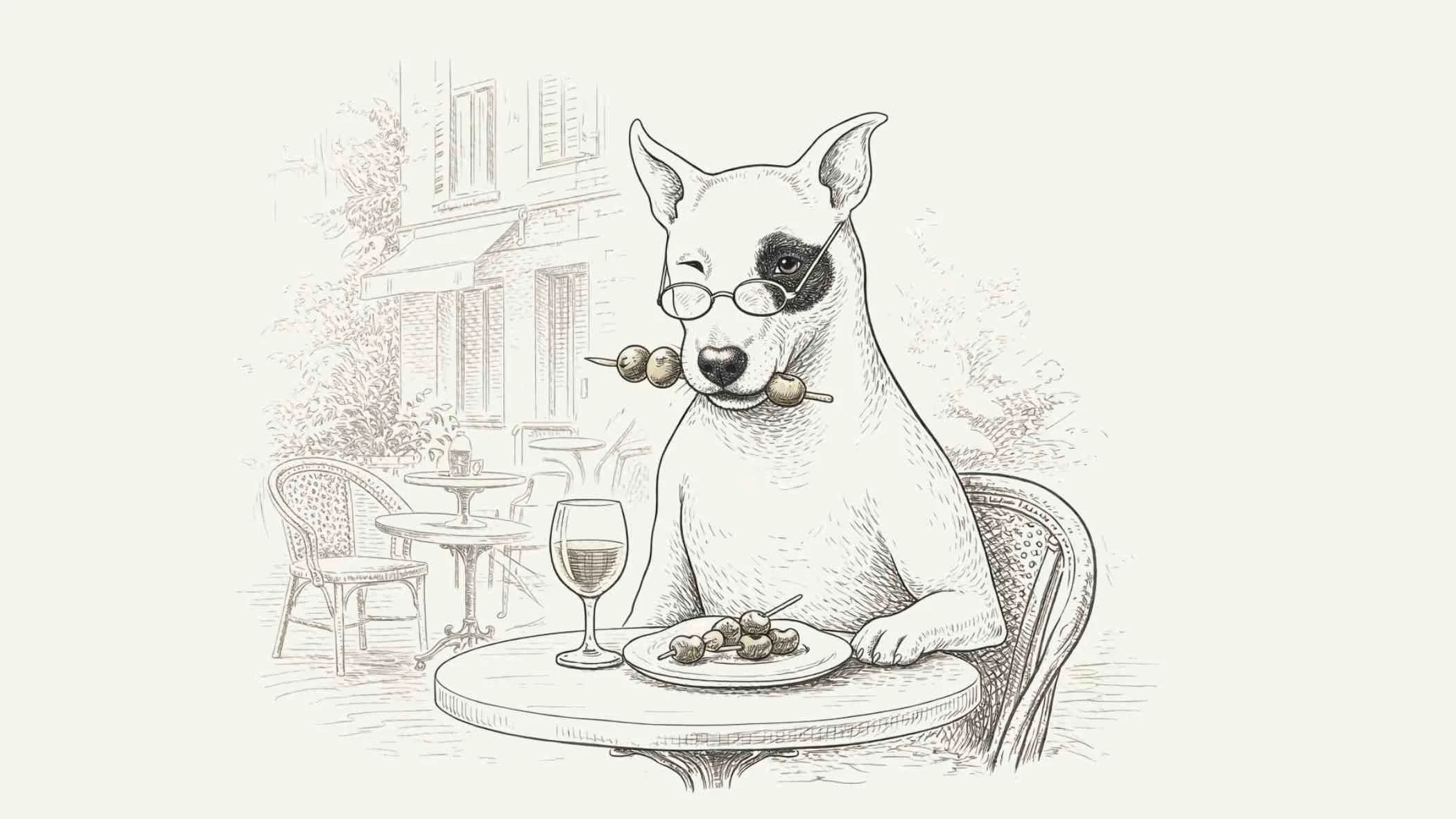 A drawing of a dog with glasses holding a skewer of olives, sitting at a table with a glass of red wine and a plate of olives, in a cafe setting.