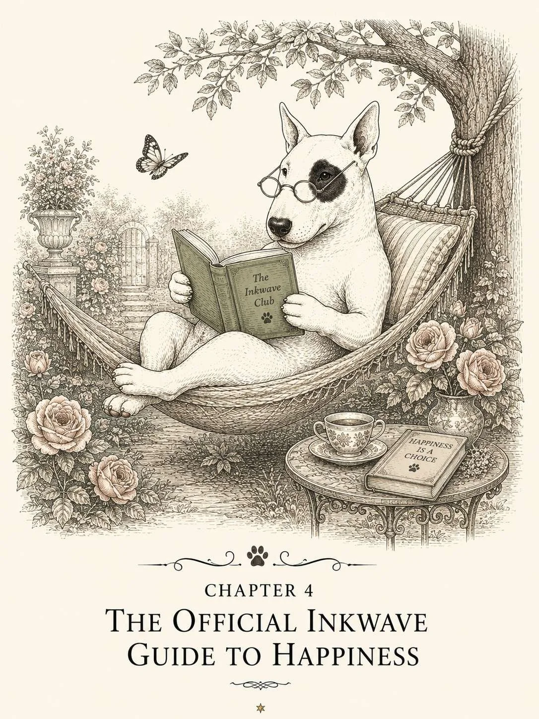 A cartoon dog wearing glasses relaxing in a hammock, reading a book titled "The Inkwave Club" in a garden with flowers, plants, and a butterfly, with a table showing a cup and a book titled "Happiness is a Choice".