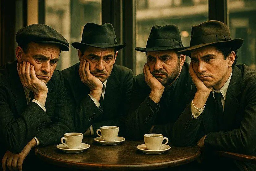 Four men dressed in 1940s style suits and hats sitting at a table with empty cups, resting their faces on their hands with serious expressions.