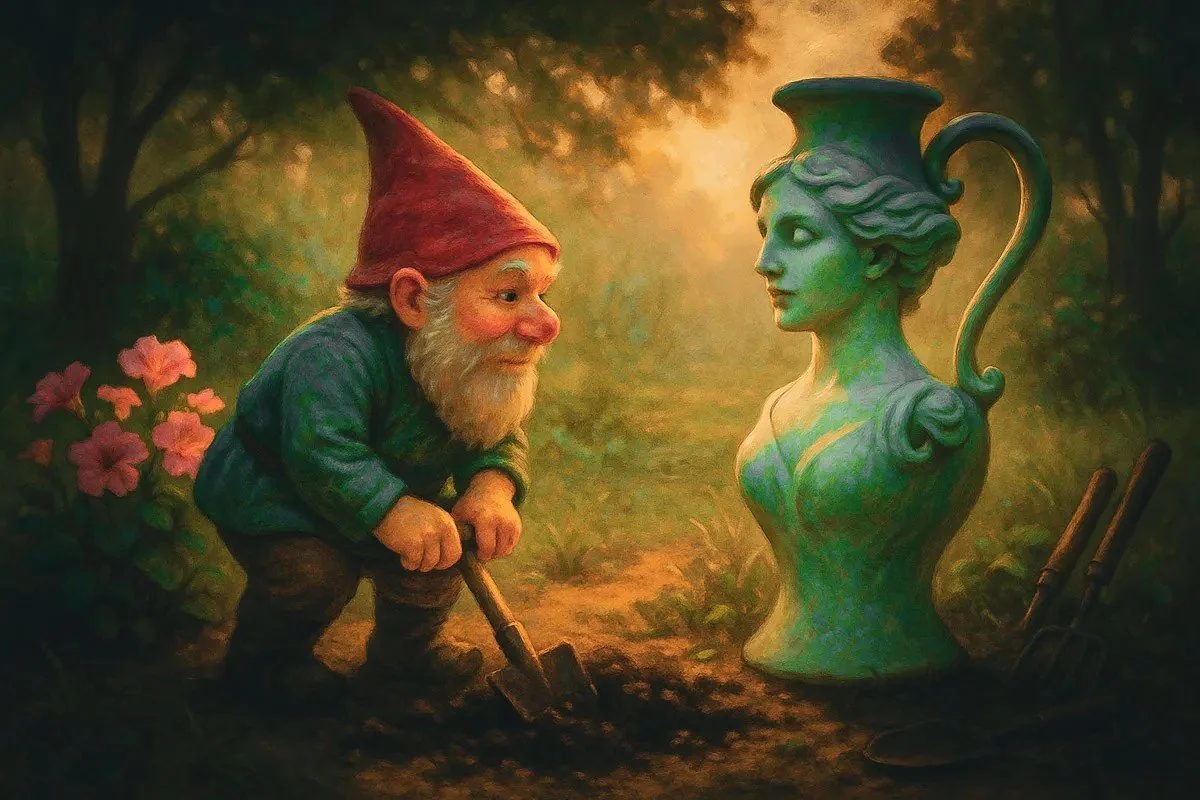A garden scene featuring a gnome with a red pointed hat and a beard, digging with a small shovel near a large, ornate green and blue vase or sculpture with a face and a handle in the shape of a woman's head. There are pink flowers and trees in the background, with warm, soft lighting.