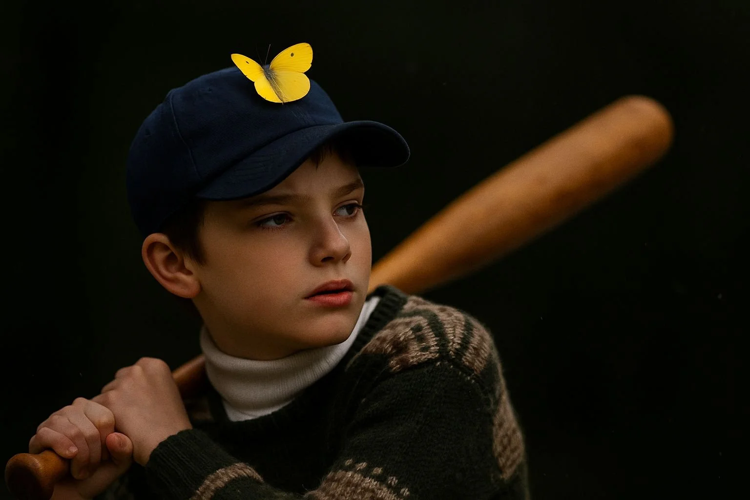 A young boy wearing a navy baseball cap with a yellow butterfly on top, holding a baseball bat over his shoulder, dressed in a sweater with a checkered pattern and a turtleneck, against a dark background.