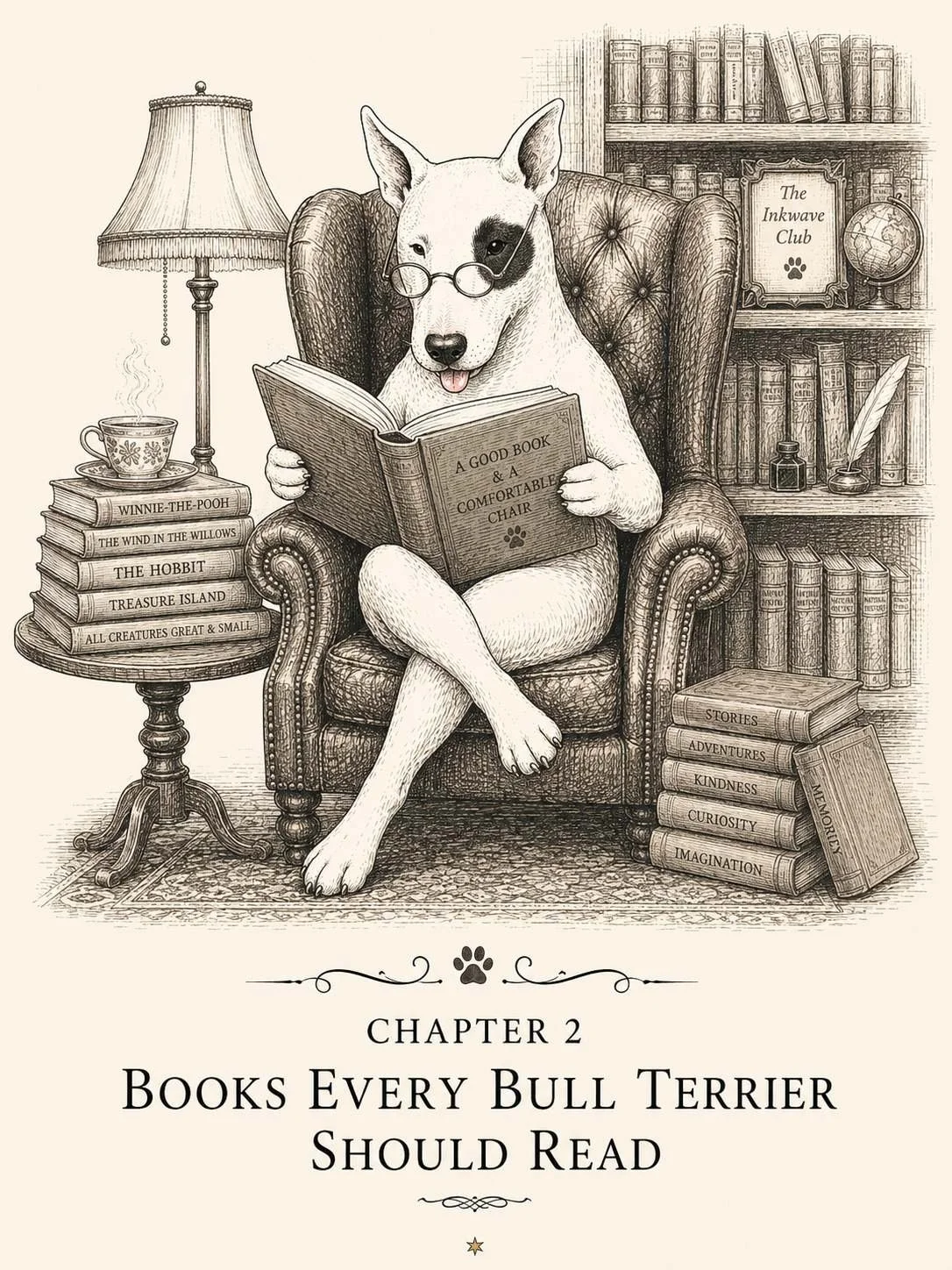 Illustration of a Bull Terrier dog sitting on an armchair, wearing reading glasses and reading a book titled 'A Good Book & a Comfortable Chair'. The room has stacks of books, a table with a cup, a lamp, and a bookshelf with various books and decorations, including a globe and a framed paper labeled 'The Inkwave Club'. The text at the bottom reads 'Chapter 2: Books Every Bull Terrier Should Read'.