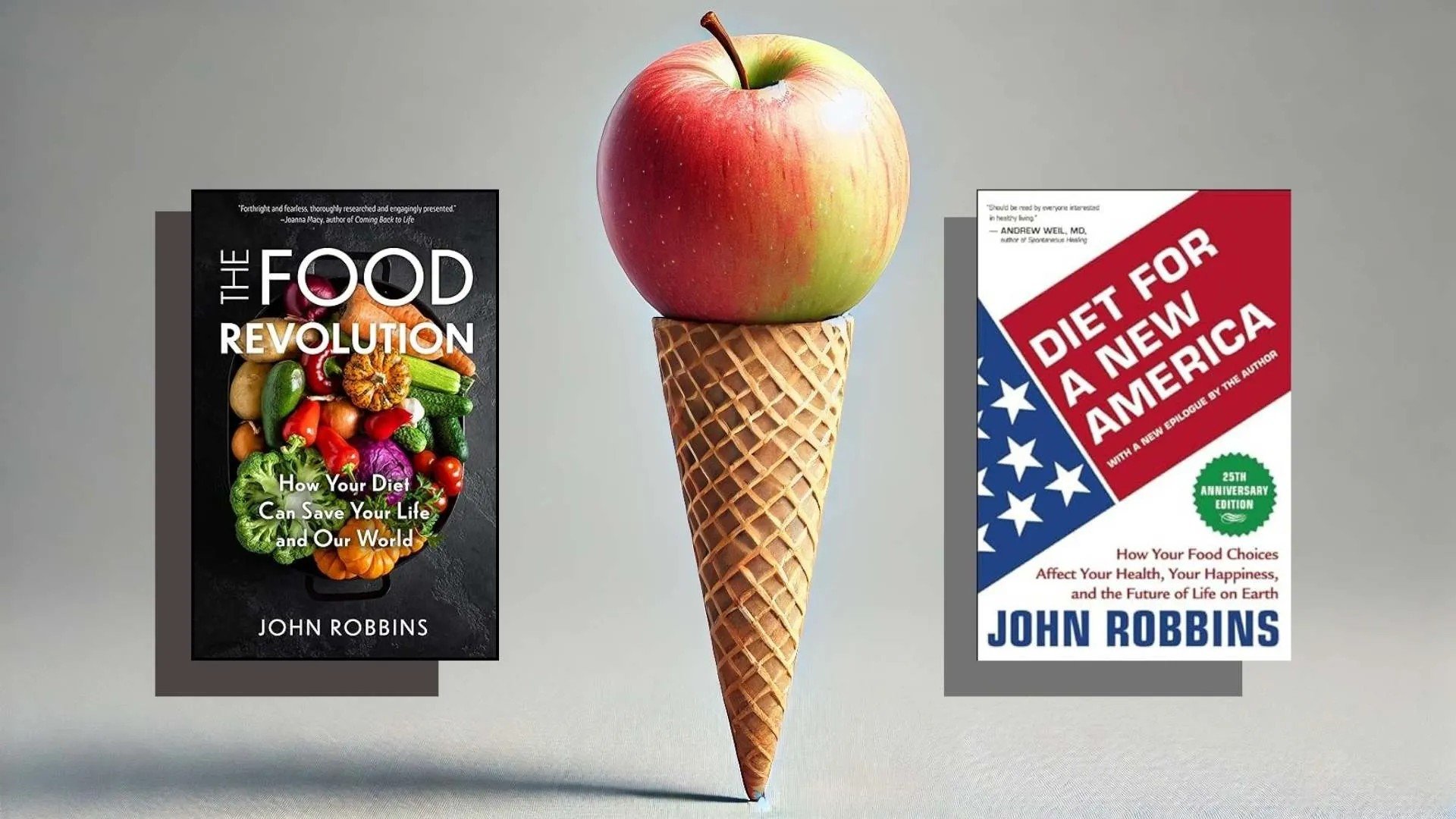 An apple sitting on top of an ice cream cone, with two book covers for books about food and diet beside it.