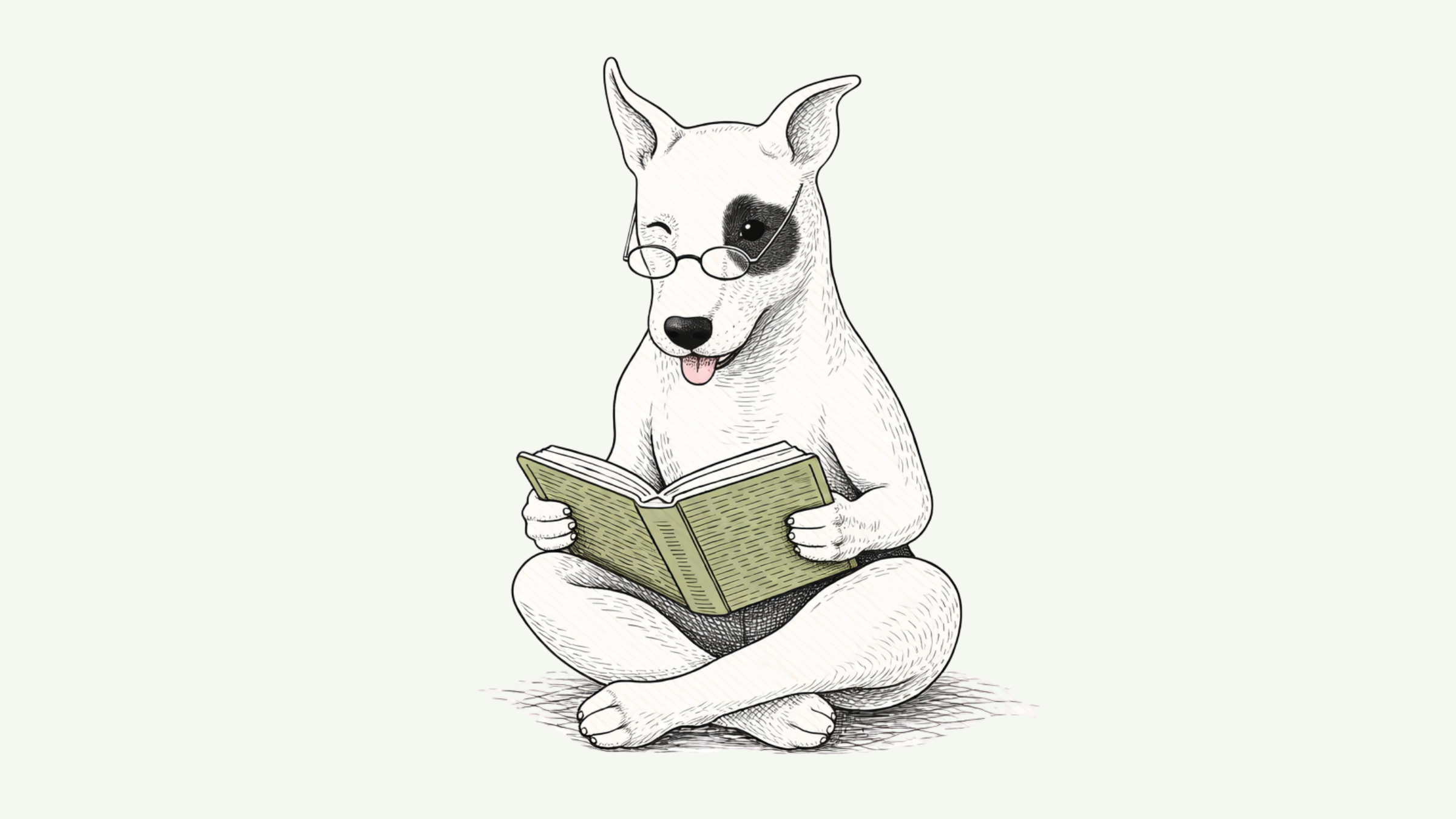 A cartoon dog with glasses sitting cross-legged while reading a book.